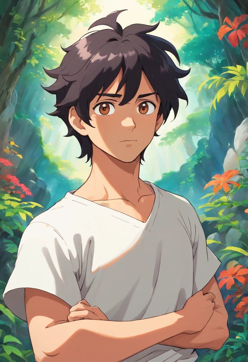 a man wearing an white tunic, tanned skin, in the style of tranquil circusscapes, colorful animation, honest portrayal, four arms, big chest, black shaggy hair, stubble on chin, sharp eyes, roman nose, buff