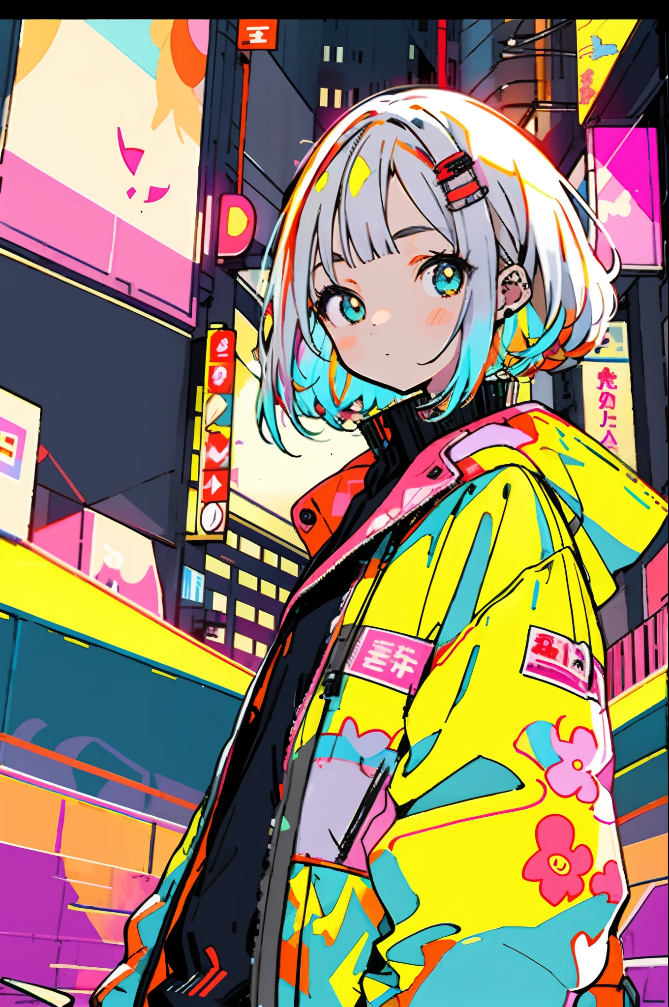 ​masterpiece, top-quality, 1girl in, City Pop, natta, Look at another one, The upper part of the body, vector illustrations, jaket, Light smile, bluntbangs, length hair, lofi art,