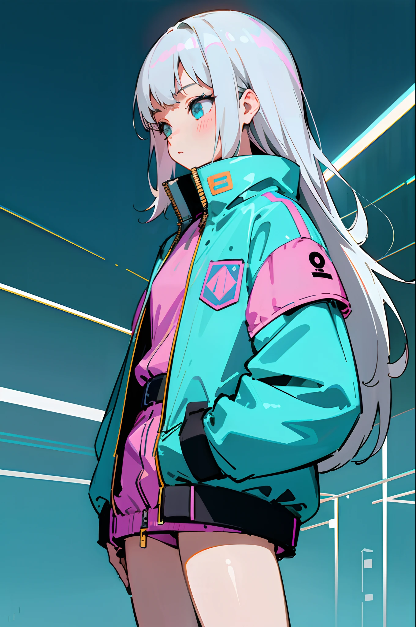 ​masterpiece, top-quality, 1girl in, City Pop, natta, Look at another one, The upper part of the body, vector illustrations, jaket, Blue fluorescent jacket, Light smile, bluntbangs, length hair, lofi art, Matte texture, Small neon, White-gray hair color, lofi art