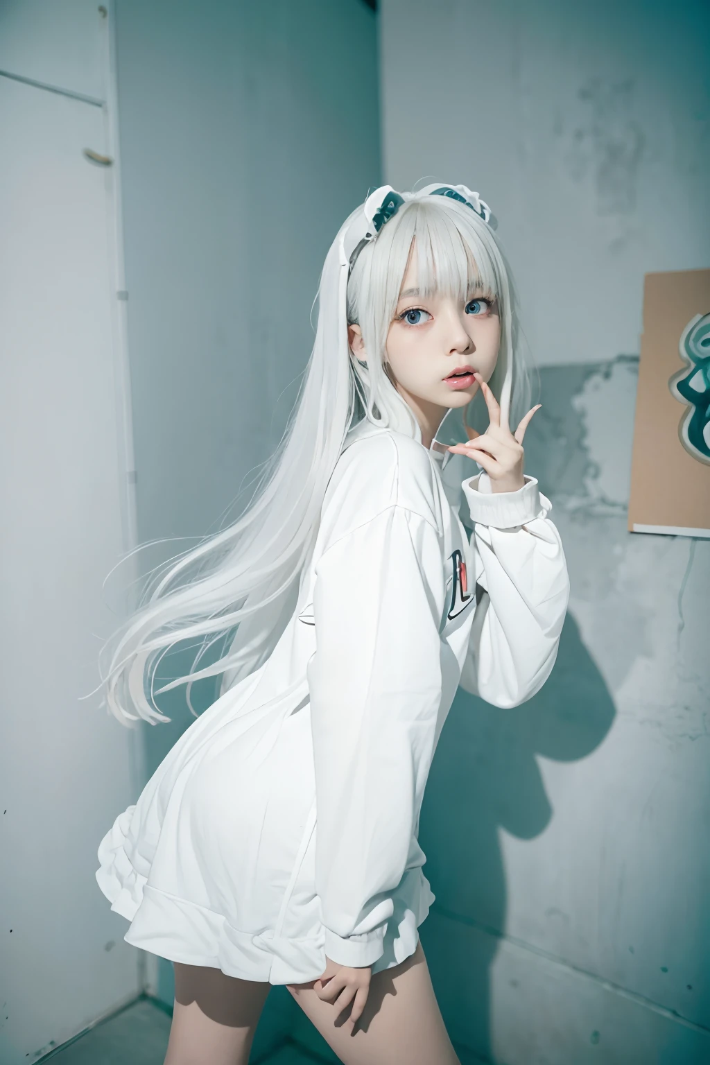 Teenager 14 year old girl, Wearing white soft white fluff, Her eyes are big and curious, She was excited and happy to see me, Beautiful eyes, White hair, Pink eyes, good art, Good drawings, 2D Anime, 2D, Cute, 2 hands and 5 fingers on each hand, Beautiful hands, Good hands are drawn, 4K, 8K,