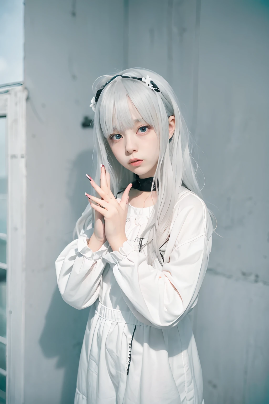 Teenager 14 year old girl, Wearing white soft white fluff, Her eyes are big and curious, She was excited and happy to see me, Beautiful eyes, White hair, Pink eyes, good art, Good drawings, 2D Anime, 2D, Cute, 2 hands and 5 fingers on each hand, Beautiful hands, Good hands are drawn, 4K, 8K,