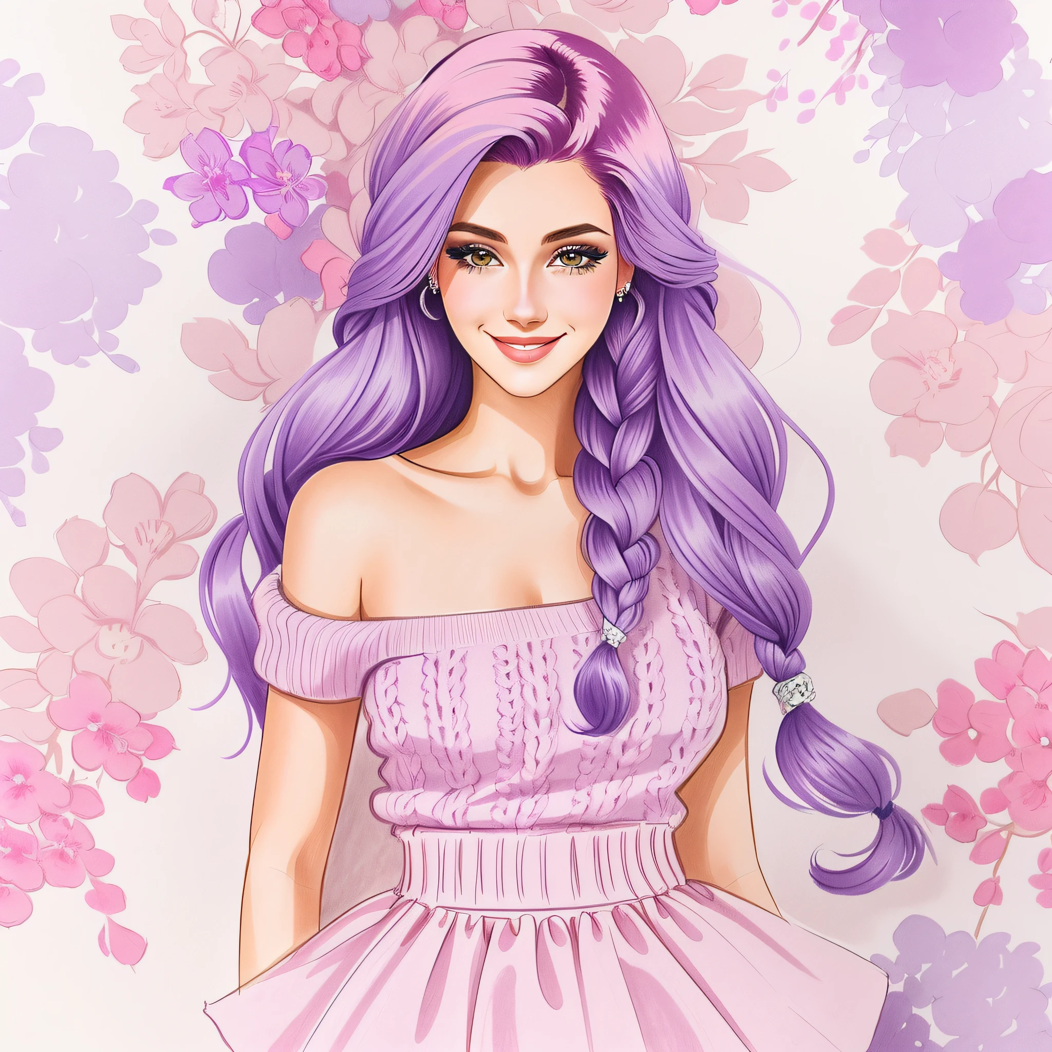 a drawing of a smiling woman with long purple hair and a pink sweater, long braided purple hair, cabelo longo violeta, Estilo de desenho bonito, cabelo de lavanda, lilac hair, estilo de arte impressionante, cabelo longo roxo, girl with plaits, retrato do cabelo roxo da mulher, cabelo violeta, cabelo roxo, longos cabelos roxos claros, detailed fashion illustration, Cor violeta, ela tem cabelo roxo