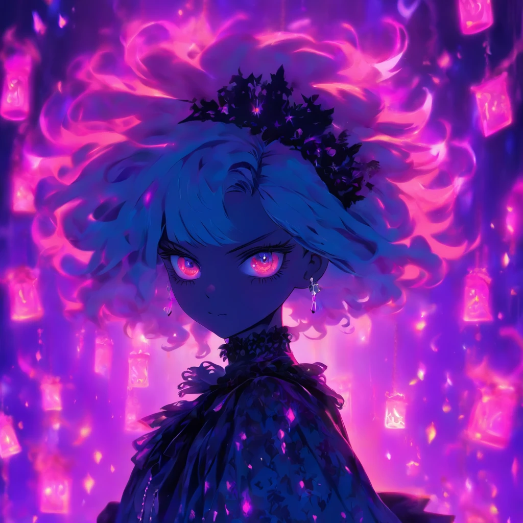 androgynous male Gothic lolita with purple shaved head, casting glowing soul spells while wearing lolita dress