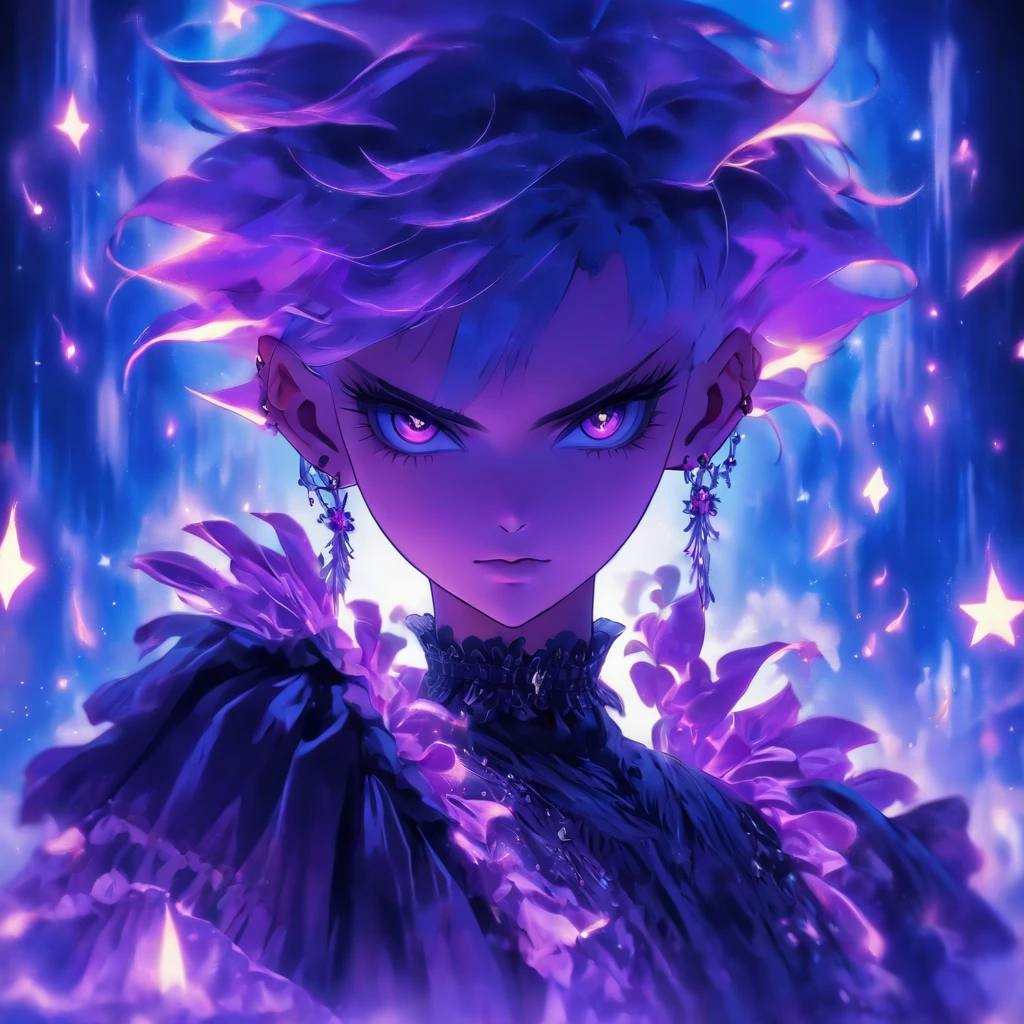 androgynous male Gothic lolita with purple shaved head, casting glowing soul spells while wearing lolita dress