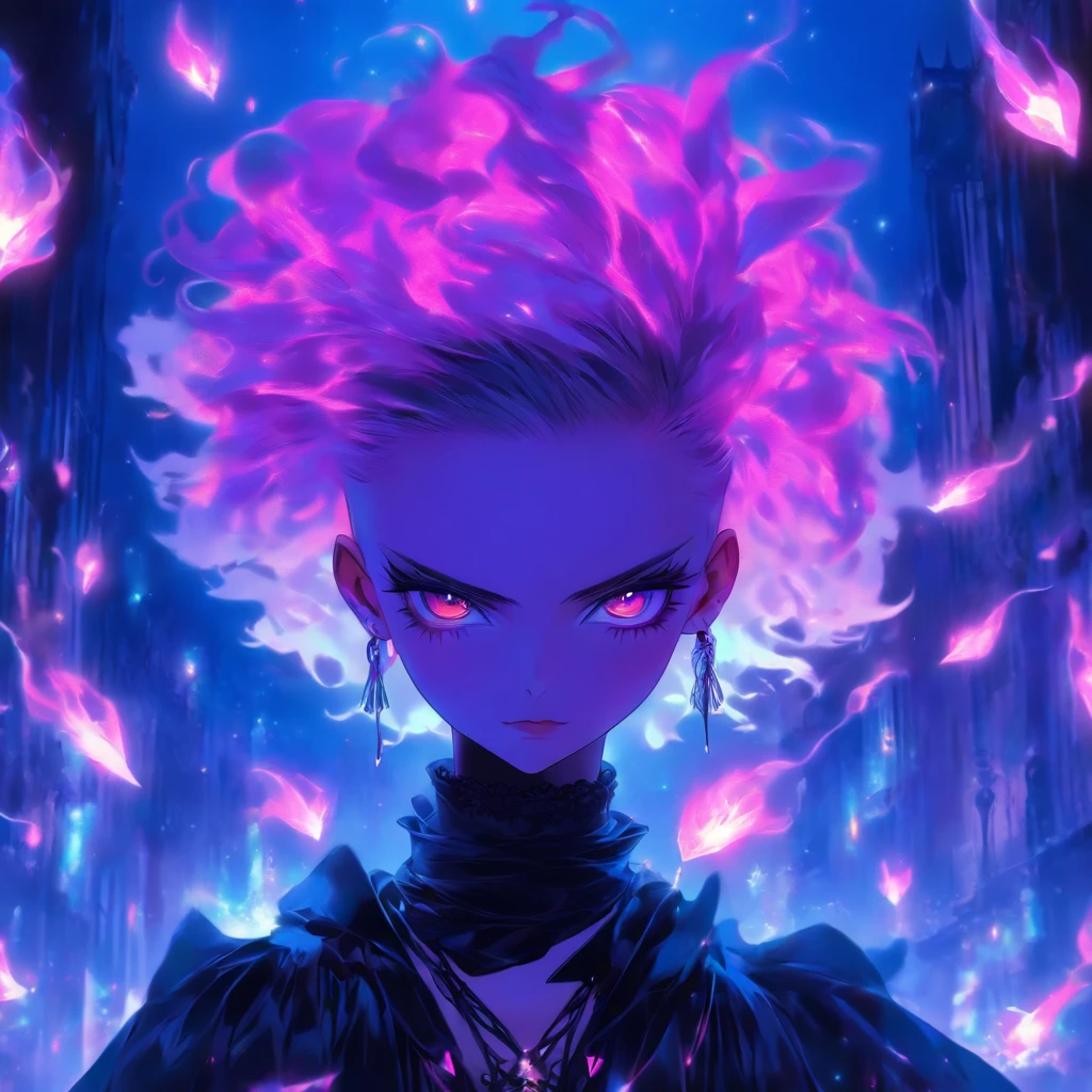 androgynous male Gothic ta with purple shaved head, casting glowing soul spells while wearing loliress