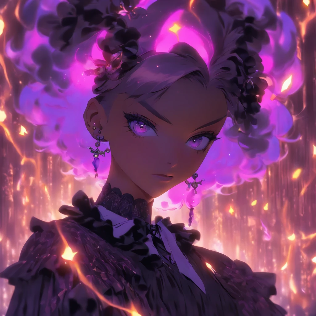 androgynous male Gothic lolita with purple shaved head, casting glowing soul spells while wearing lolita dress
