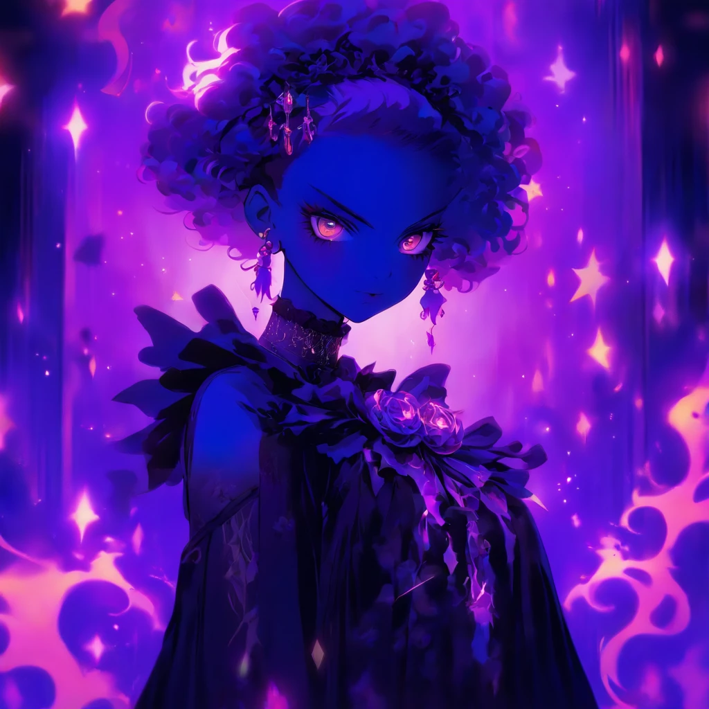 androgynous male Gothic lolita with purple shaved head, casting glowing soul spells while wearing lolita dress