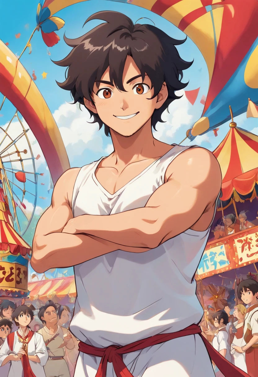 a man wearing an white tunic, tanned skin, in the style of bustling circus, colorful animation, honest portrayal, 4 arms, big chest, black shaggy hair, stubble on chin, sharp eyes, roman nose, buff, smiling