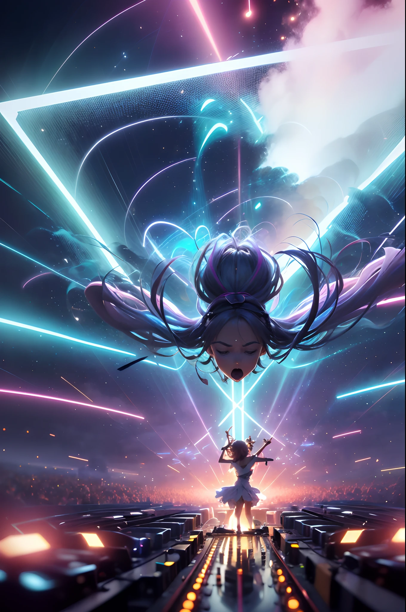 (master part:1.3),(best quality:1.2),8k,absurdos,unidade 8k wallpapper,(extremamente detalhado:1.3),Highestres,
(1girl:1.2),(headphones on head:1.1),(Neon light:1.1),Chapelaria,dynamic pose,(cabelos flutuantes:1.2),short hair,,(apaixonado:1.2),(DJ:0.9),(Psychedelic:1.2),dynamic pose,electric wire,1Hand on own head,(feixe de luz:1.2),olhos fechados,diafragma,ofuscar,(music:1.2),cabo,raios de deus,(dentro:1.2),de lado,(instrumento:0.7),frantic,apaixonado,Energetic,intenso,eletrizante,emocionante,Dynamic,emocionante,explosivo,Despertando,crowd,raios de luz,,Neon light,