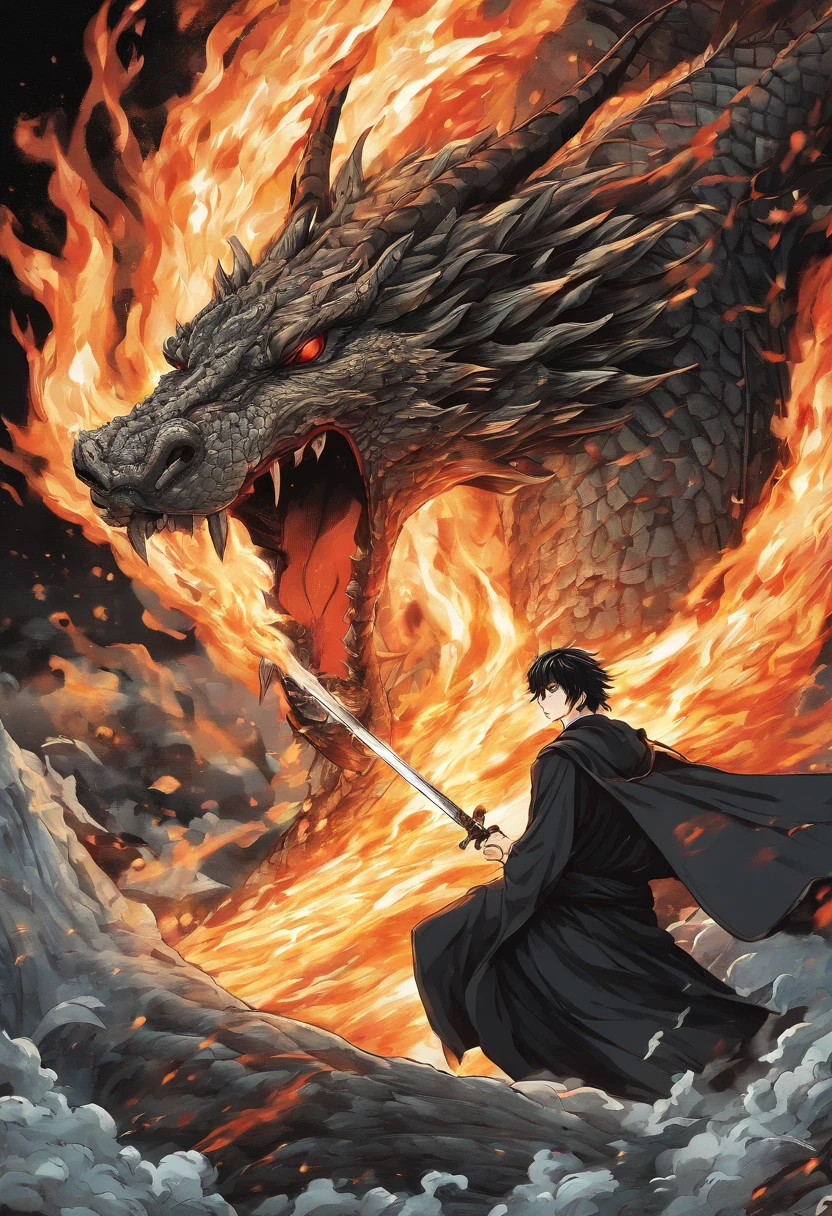 strong young man in black robes fighting a dragon with a giant 2-handed flame-errupting flamberg-type sword, manga page, highly detailed face