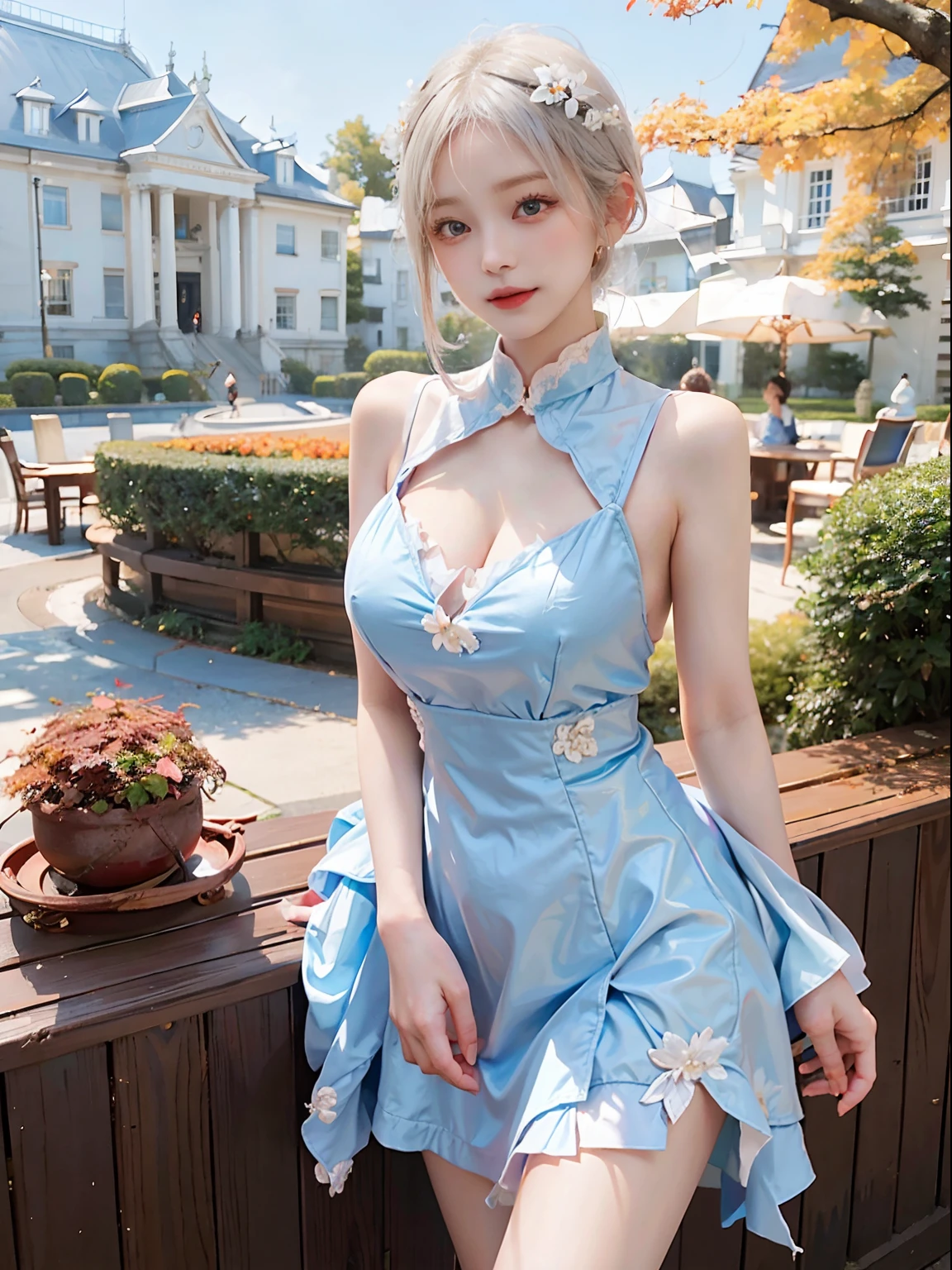 Beautiful girl with white hair and short cut blue eyes、Wearing a beautiful dress in the autumn season。Her dress is、In a nice crimson color that harmonizes with the shades of autumn、In harmony with hair swaying in the wind。The dress complements her attractive body.、It perfectly depicts her enjoying the autumn sunshine。She loves the beauty of nature、Against the background of autumn scenery、Standing up as a beautiful girl with confidence and charm。