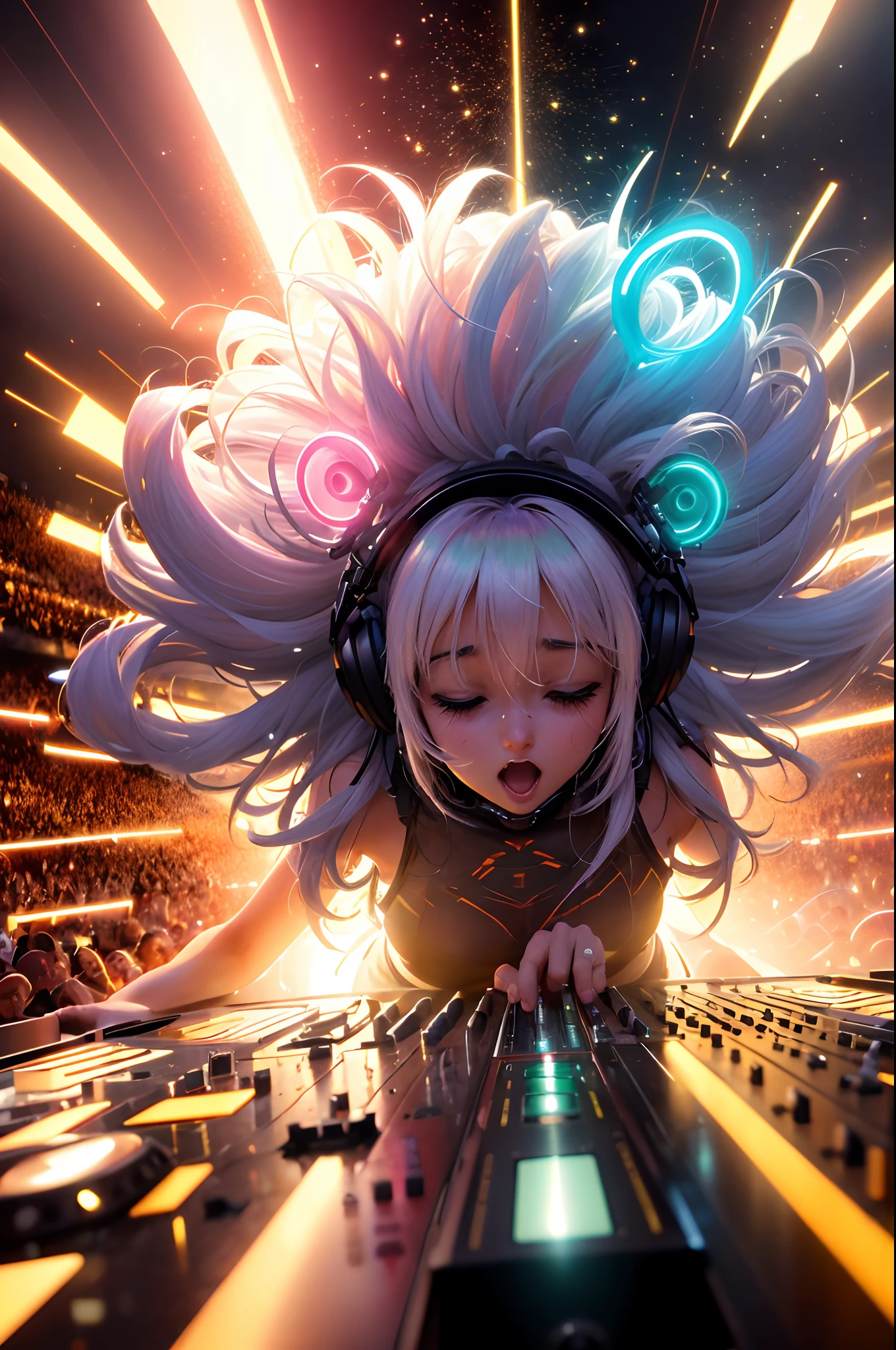 (master part:1.3),(best quality:1.2),8k,absurdos,unidade 8k wallpapper,(extremamente detalhado:1.3),Highestres,
(1girl:1.2),(headphones on head:1.1),(Neon light:1.1),Chapelaria,dynamic pose,(cabelos flutuantes:1.2),short hair,,(apaixonado:1.2),(DJ:0.9),(Psychedelic:1.2),dynamic pose,electric wire,1Hand on own head,(feixe de luz:1.2),olhos fechados,diafragma,ofuscar,(music:1.2),cabo,raios de deus,(dentro:1.2),de lado,(instrumento:0.7),frantic,apaixonado,Energetic,intenso,eletrizante,emocionante,Dynamic,emocionante,explosivo,Despertando,crowd,raios de luz,,Neon light,