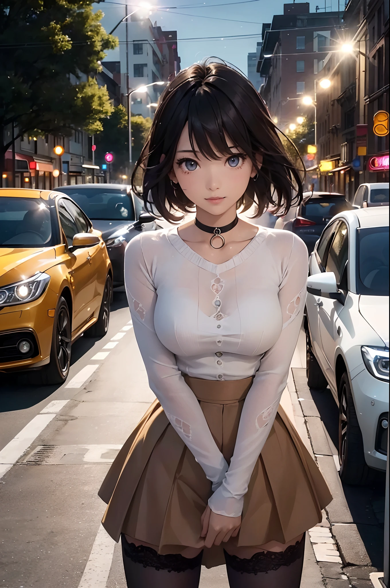(Official art、Best Quality、Unity 8k Wallpapers、32K、masterpiece、ultra-detailliert、超A high resolution、realisitic、Photorealsitic:1.2)、(Cinematic lighting:1.2)、Fireglow effect、film grains、Best Shadows、Rim lighting、side lights、sideshot、(Ultra-detailed and complex 3D rendering)、Detailed beautiful face and eyes、A slender、Medium bust、(Full body:1.2)、 Highly detailed background、beauitful face、blurry backround、16-year-old beautiful girl、(super detailed skin、detailed skin textures:1.3)、chestnut bristles、Brown-eyed、Hip Hop Cable、off shoulders、jumper skirt、Black stockings、(thighs thighs thighs thighs:0.8)、Knitted sandals、City at night、Open your mouth and smile gently、a choker、dynamicposes、(Classic car on woman background、Woman illuminated by headlights:1.2)