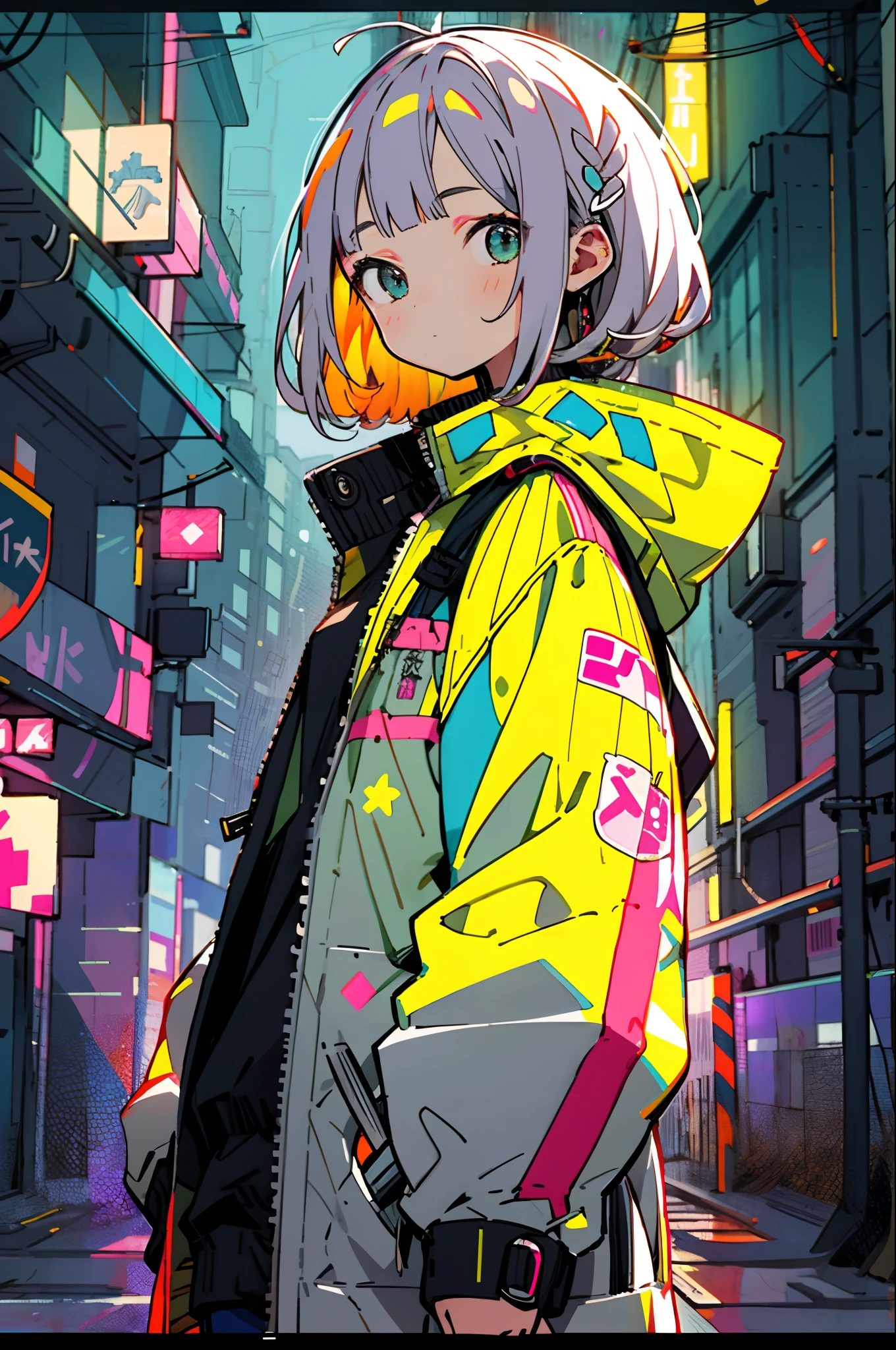 ​masterpiece, top-quality, 1girl in, City Pop, natta, Look at another one, The upper part of the body, vector illustrations, jaket, Blue fluorescent jacket, Light smile, bluntbangs, length hair, lofi art, Matte texture, Small neon, White-gray hair color, lofi art