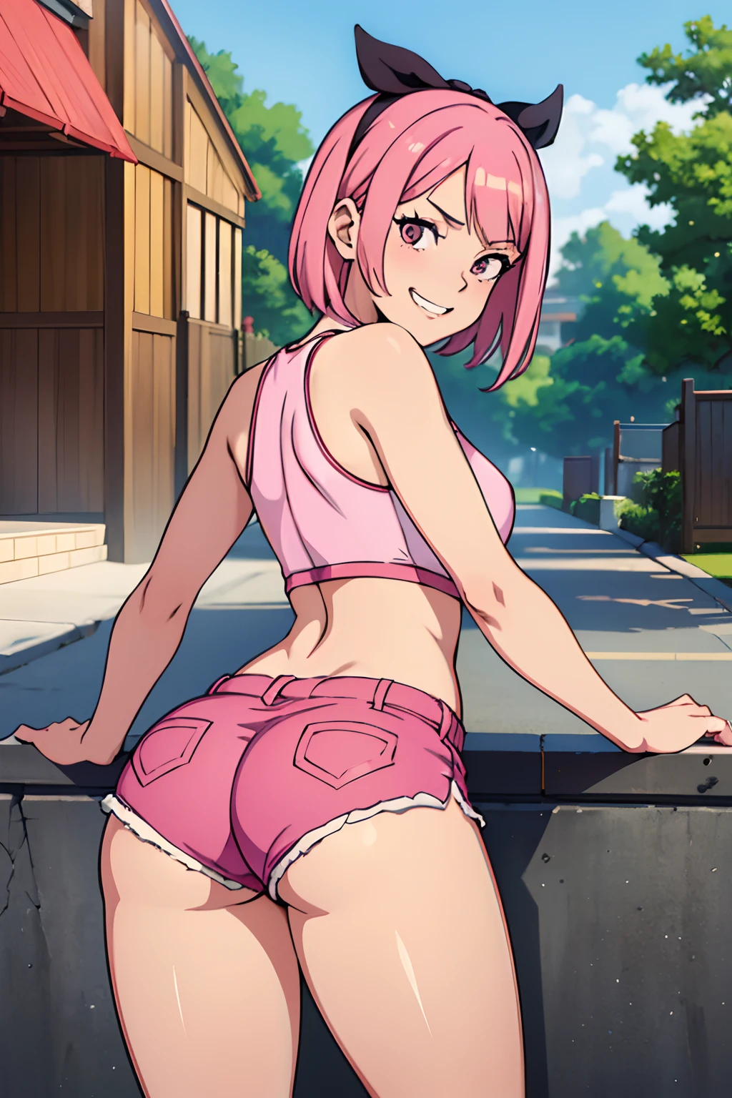 Best Quality, (masutepiece: 1.2), Detailed, Perfect face, Beautiful face, 1girl in, Pink shorts, Looking back, Ass, pantyshot,, masutepiece, Best Quality, Highly detailed , Looking at Viewer, grinning evily, (frombelow: 1.3)
