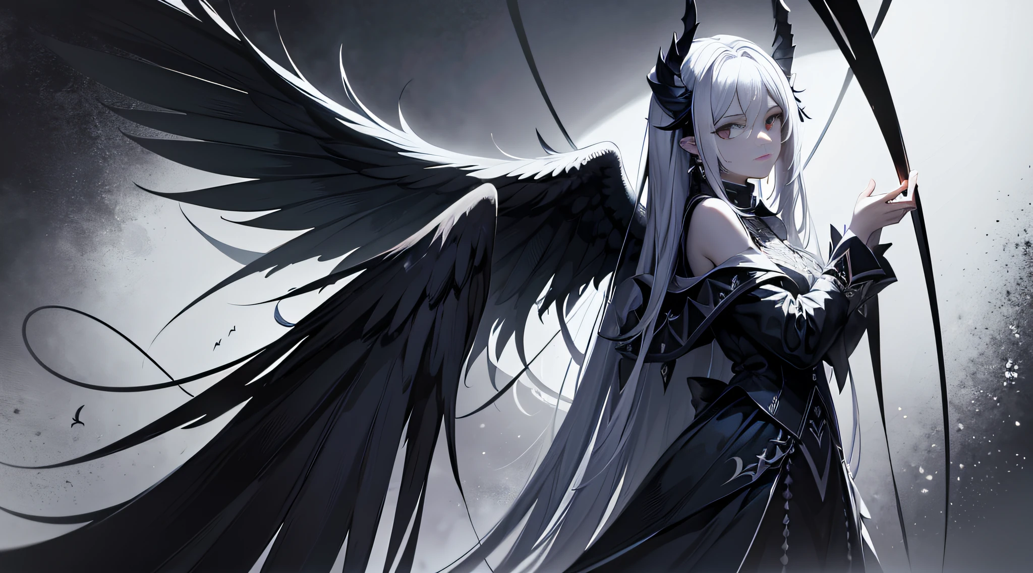 tmasterpiece,Portrait of an angel in prayer,Evil countenance,Black and white wings,A frame eroded by darkness and light, Ultra-high sharpness, Clear eyes,