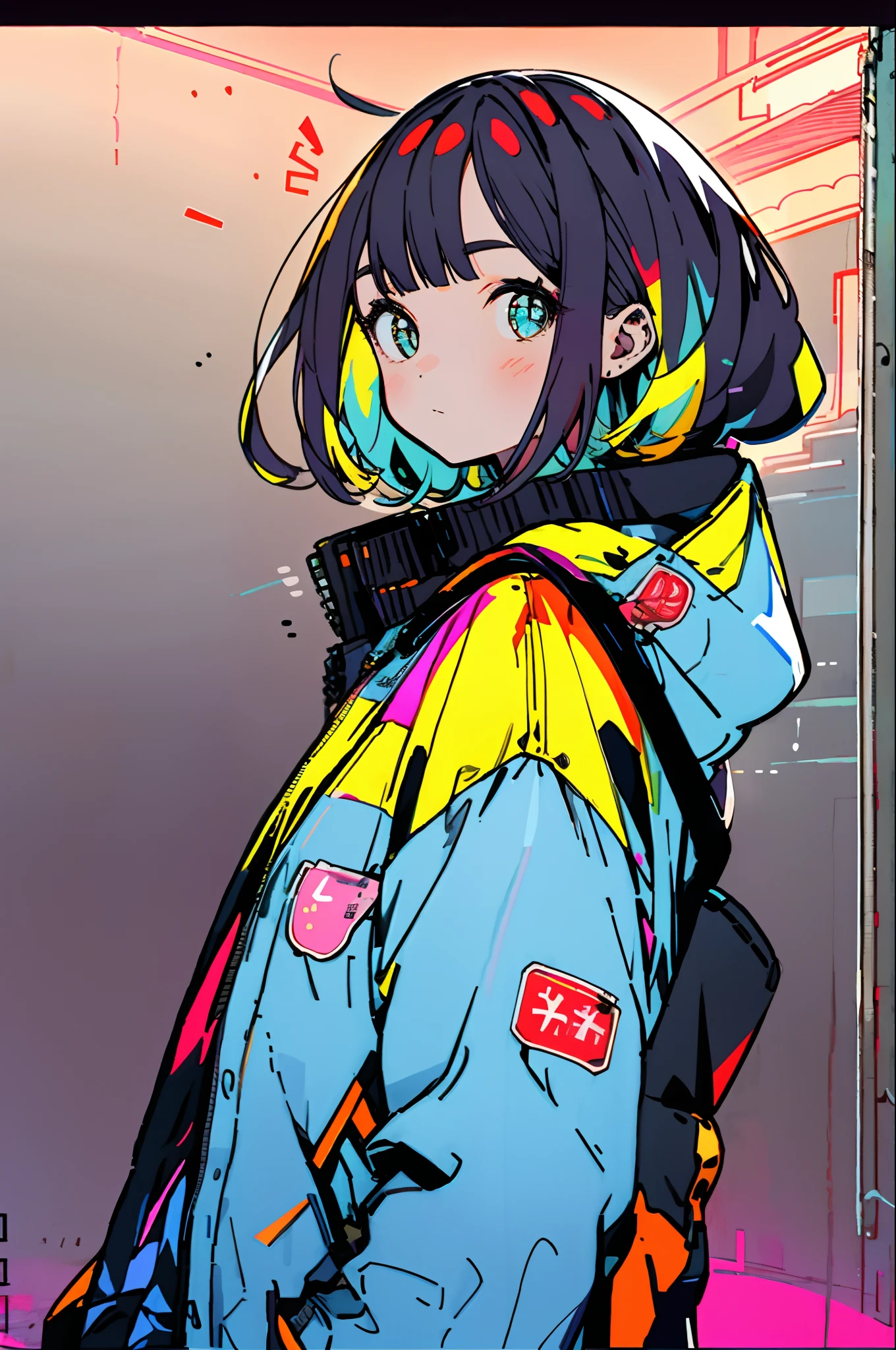 ​masterpiece, top-quality, 1girl in, City Pop, natta, Look at another one, The upper part of the body, vector illustrations, jaket, Light smile, bluntbangs, length hair, lofi art, Matte texture