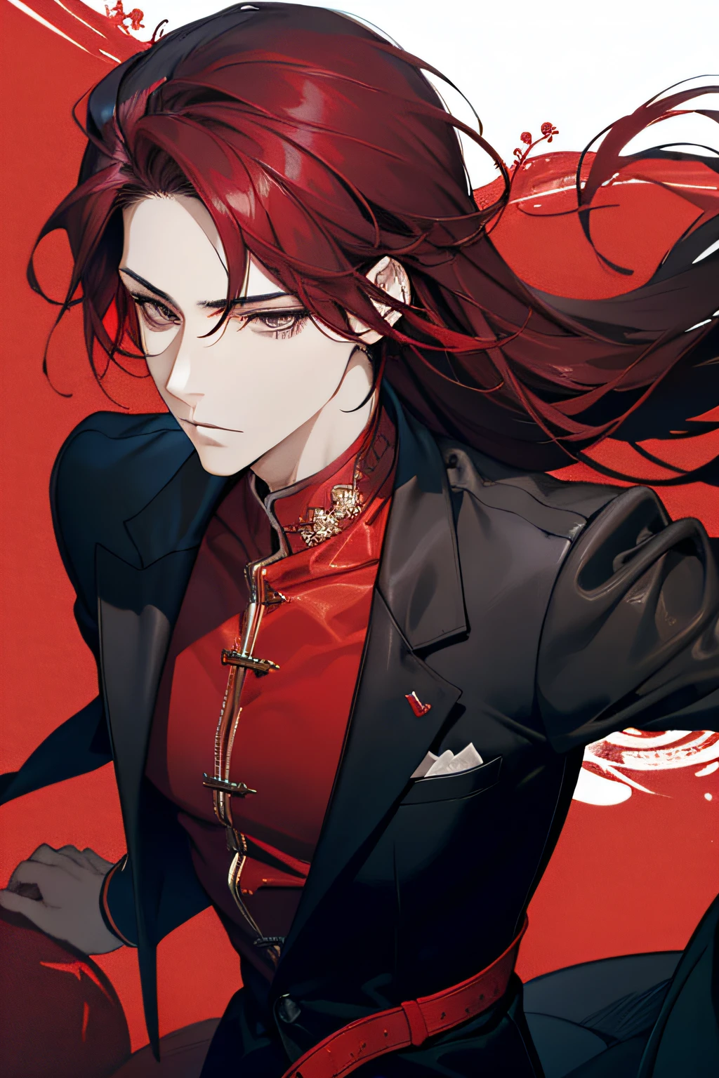 1 man, solo, red dark hair, sexy man, seductive, bedroom background, different hairstyle, long straight hair, black snakes around