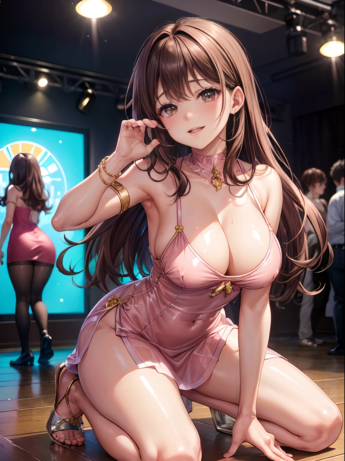 (top-quality: 1.3), (masterpiece: 1.3), (The ultra-detailliert: 1.3), (wall-paper, one girls: 1.1), (Hair drops:1.1)、(Detailed hands and fingers:1.2)、(Detailed ultra-oily shiny skin:1.1)、oily shiny thighhigh、(Beautiful pink bodycon dress:1.2)、The skirt part goes to the base of the thigh.、Raw feet、(nightclubs:1.3)、(Brown hair:1.3)、ssmile、(Beautiful Large Breasts:1.4)、Longhaire、waved hair、Beautiful sister、Kneeling、disco、mirror ball