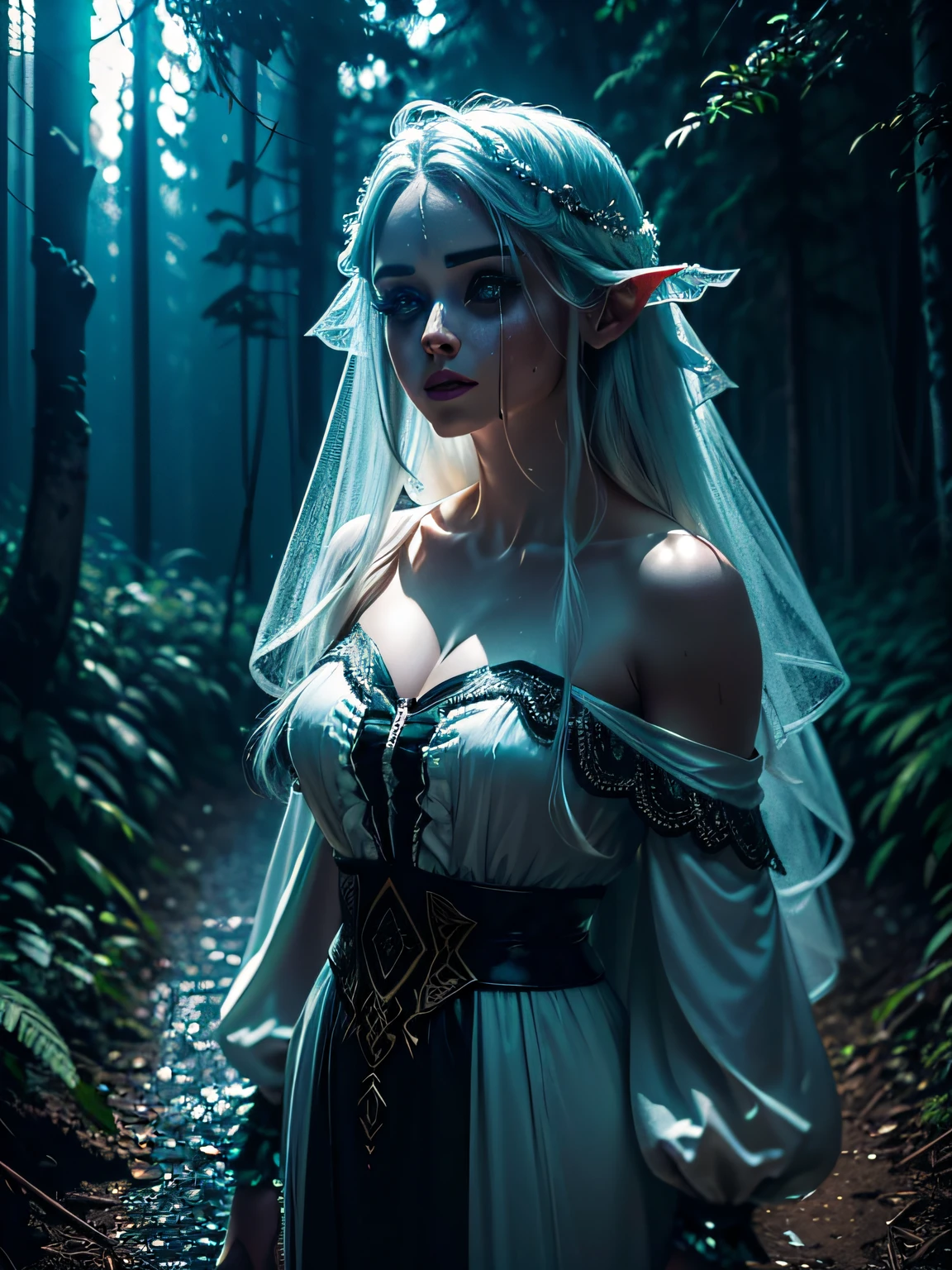Uma linda fada do bosque, Tecido leve tule, Elvish,, rosto de aspecto meio e inocente, olhar inocente, elfa extremamente apaixonante meia e sedutora. r, Long loose dress flying like a black evening veil, andando em uma floresta a noite escura e sombria com um nevoeiro ao fundo. fotografia de corpo inteiro, pernas grossas, lindos e longos cabelos prateados , olhos  claros,)))(((A perfect and definitive idol that captivates everyone, olhos brilhantes super detalhados sem defeitos, lugar sombrio e misterioso, Dramatic and sinister nighttime ambient lighting giving an air of suspense and horror movie, Olhar ganancioso convidando um homem、cabelos intrincados、９Perfect head and body figure、Linha de Corpo Perfeita、 Figura fina、Enfatizar a clivagem、Tiroteio RAW、photorealistic cinematic render、hyperrealistic rendering、foto retrato、night time render、Fotos gerais coesas、texturas de pele realistas、alta qualidade、alto detalhado、mais alta qualidade、alta resolubilidade、HDR 8K、Rastreamento de raio、canon. estilo mitologico