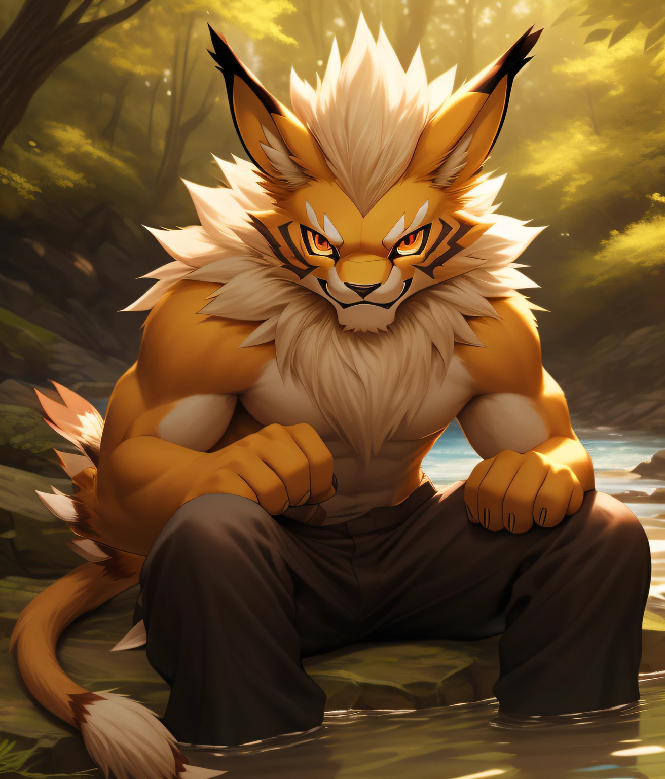 Kid, , (Male), nj5furry, (Leomon, Male kid, 5 yearsld), Leomong face, kid, ((extremely realistic shadows, masterpiece, extremely detailed, photorealistic)), kemono, looking at the viewer, ((FRONT)), Friendly and innocent expression. Eyes full of purity, Leomon, ((detailed face)) nose, red eyes, ((detailed eyes)), brown skin, brown fur, hair, mane, height 1.40 high, the optimal height, V-shaped body, handsome face, attractive cool calm face type with a mischievous smile, topless. Mountaint forest, day, sun, sun rays, clouds, birds. Wears a short loose brown fabric pants, sitting on the banks of a river; a furry child image of innocence. ((Almost naked))