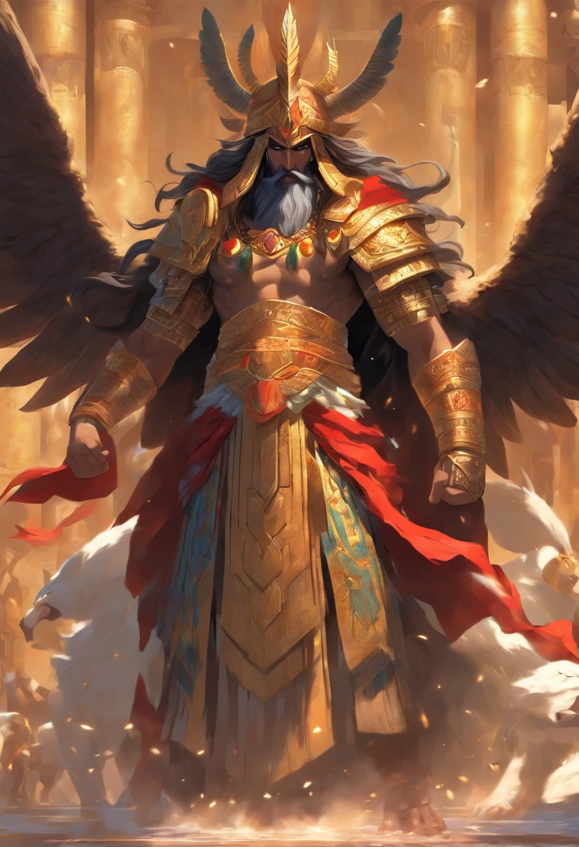 (((Akkadian God))) best quality, ultra-high resolution, 4K detailed CG, master piece, Enki, man, beard, black hair, horned helmet, four wings, Sumerian clothing, ((( four wings)) ), cuneiform, Akkadian Mythology, Babylonians, Assyrians, Painting style, aesthetics, Beautiful image, depth of field, centered on canvas, full body