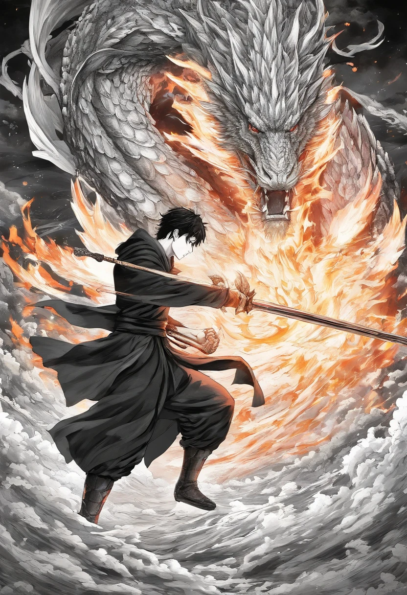 strong young man in black robes fighting a dragon with a giant 2-handed flame-errupting flamberg-type sword, manga page, highly detailed face, black and white