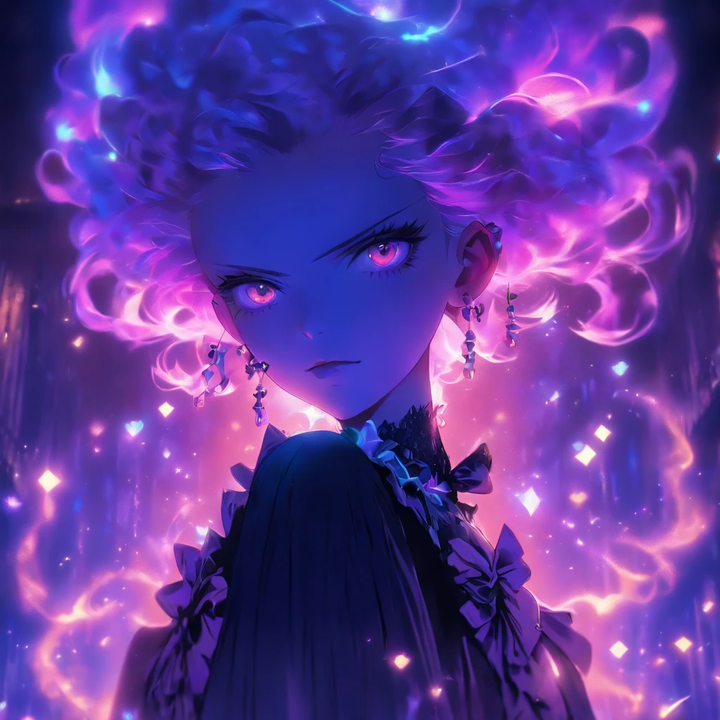 androgynous male Gothic lolita with purple shaved head, casting glowing soul spells while wearing lolita dress