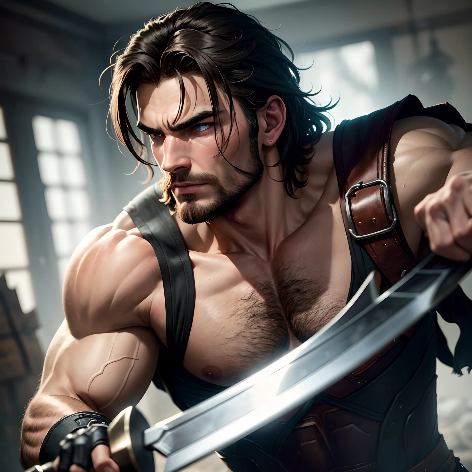 Liam: A brooding and skilled warrior with a haunted past. Liam is tall and muscular, with a rugged appearance. He has piercing blue eyes that reflect a deep sense of loss and determination. His dark, unkempt hair falls just above his shoulders, framing his strong jawline. Liam wields a massive sword with precision and is known for his unwavering loyalty to his companions.