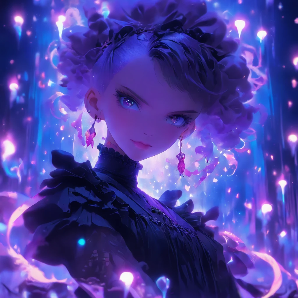 androgynous male Gothic ta with purple shaved head, casting glowing soul spells while wearing loliress