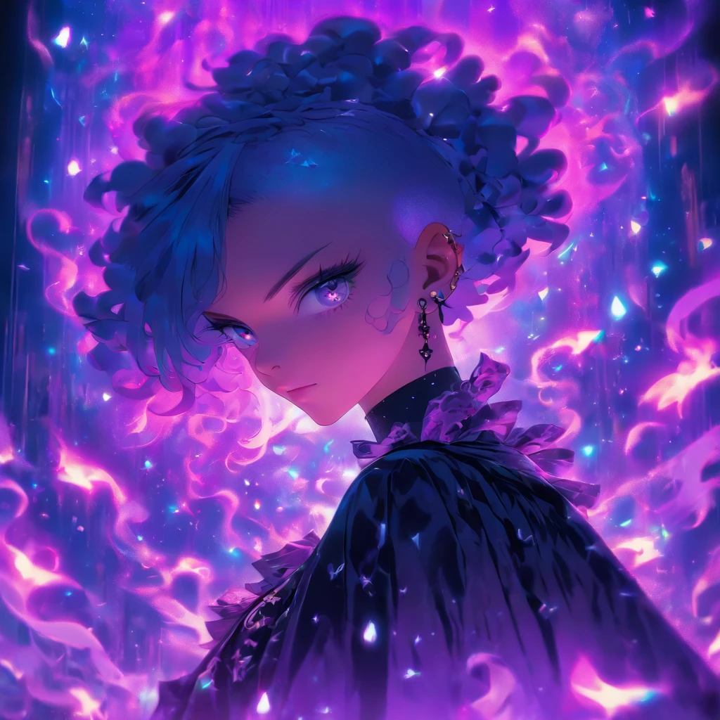 androgynous male Gothic lolita with purple shaved head, casting glowing soul spells while wearing lolita dress