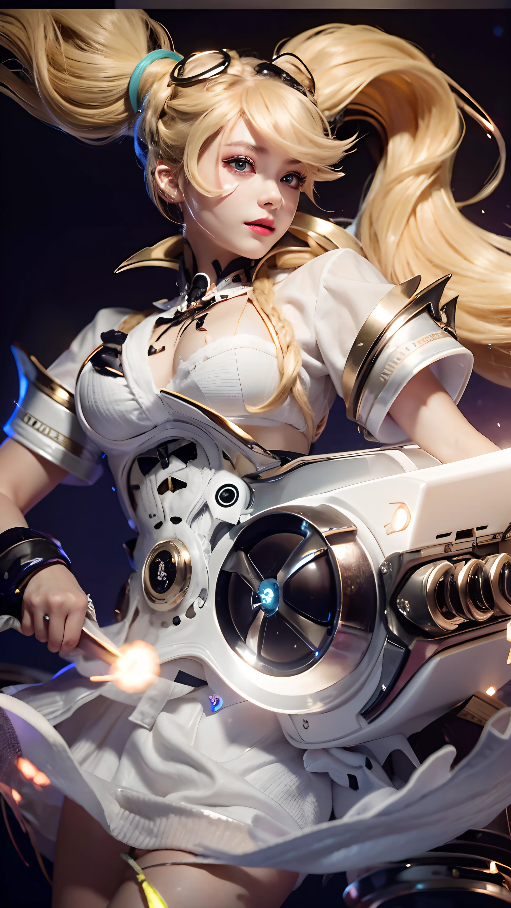 8K, detailed eye, blonde , neon sparkle, braid hair, darkness, white shirt, cannon