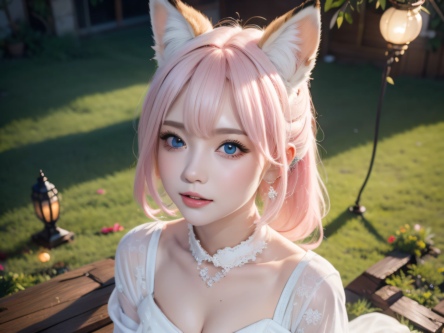 Two Miss Fox Demons，T-shirt wraps around your neck，High collar、High collar、High collar、High collar、High collar、High collar、Fox Devil Fox Years White Hair Girl，You can overlook the night view of Chang'an，Sexy and feminine，sit pose，Fluffy fox ears，fox tails，No ears，reddish tones，Gorgeous fireworks background，Pink floral maxi dress，The beauty of fox ears alone，Cover chest，Clan girls，Fox's eye，Enchanted，Charming，16 K， best qualtiy， tmasterpiece，  Raised sexy， Highly detailed face and eyes， professional make up， ，， glow blue eyes，Pink-haired girl with fox ears、Camera angle from above、Looking here、