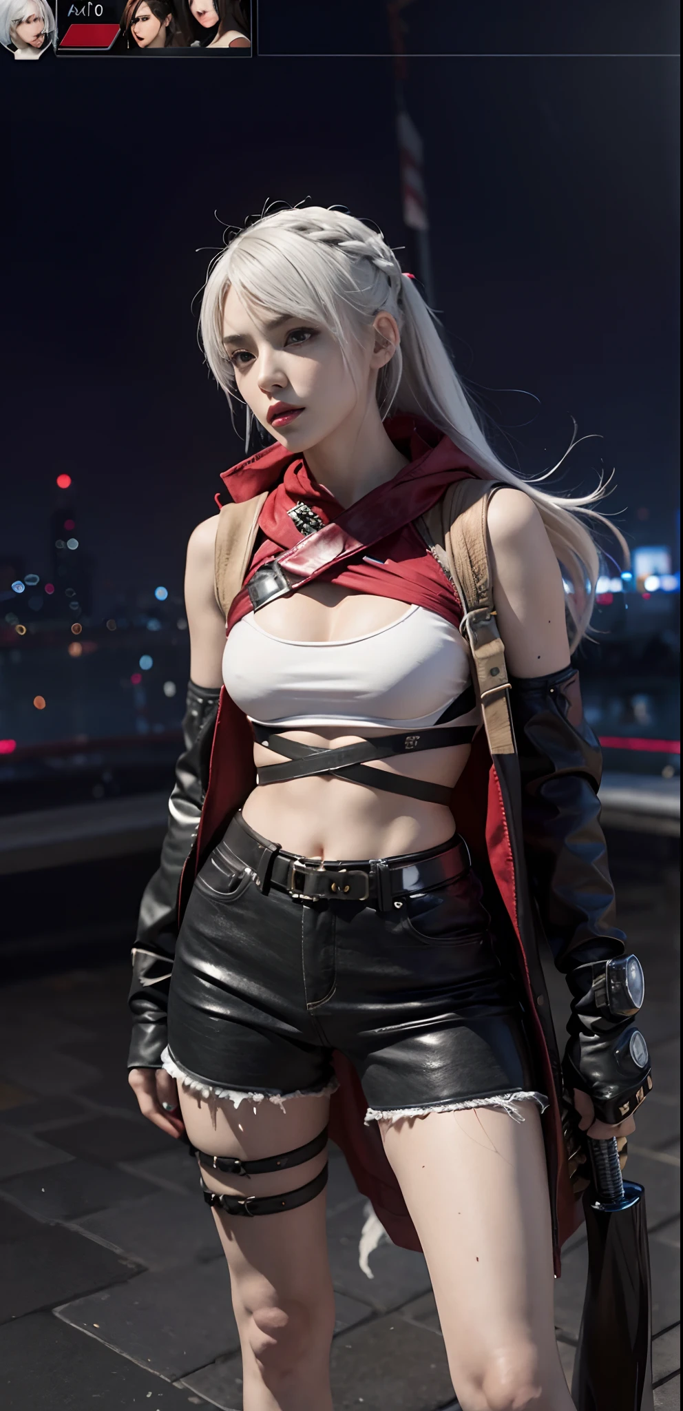 a close up of a person in a costume with a sword, as a character in tekken, female character, tifa lockhart with white hair, katana zero video game character, lunar themed attire, kda, slim body, cyborg - girl with silver hair, upper body avatar, fashion gameplay screenshot, fighting game character, new character, floralpunk elysian maiden, sigma female