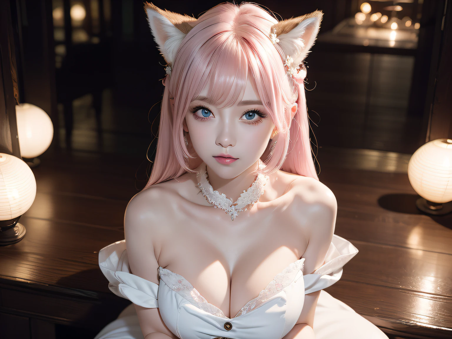 Two Miss Fox Demons，T-shirt wraps around your neck，High collar、High collar、High collar、High collar、High collar、High collar、Fox Devil Fox Years White Hair Girl，You can overlook the night view of Chang'an，Sexy and feminine，sit pose，Fluffy fox ears，fox tails，No ears，reddish tones，Gorgeous fireworks background，Pink floral maxi dress，The beauty of fox ears alone，Cover chest，Clan girls，Fox's eye，Enchanted，Charming， K， best qualtiy， tmasterpiece，  Raised sexy， Highly detailed face and eyes， professional make up， ，， glow blue eyes，Pink-haired girl with fox ears、Camera angle from above、Looking here、