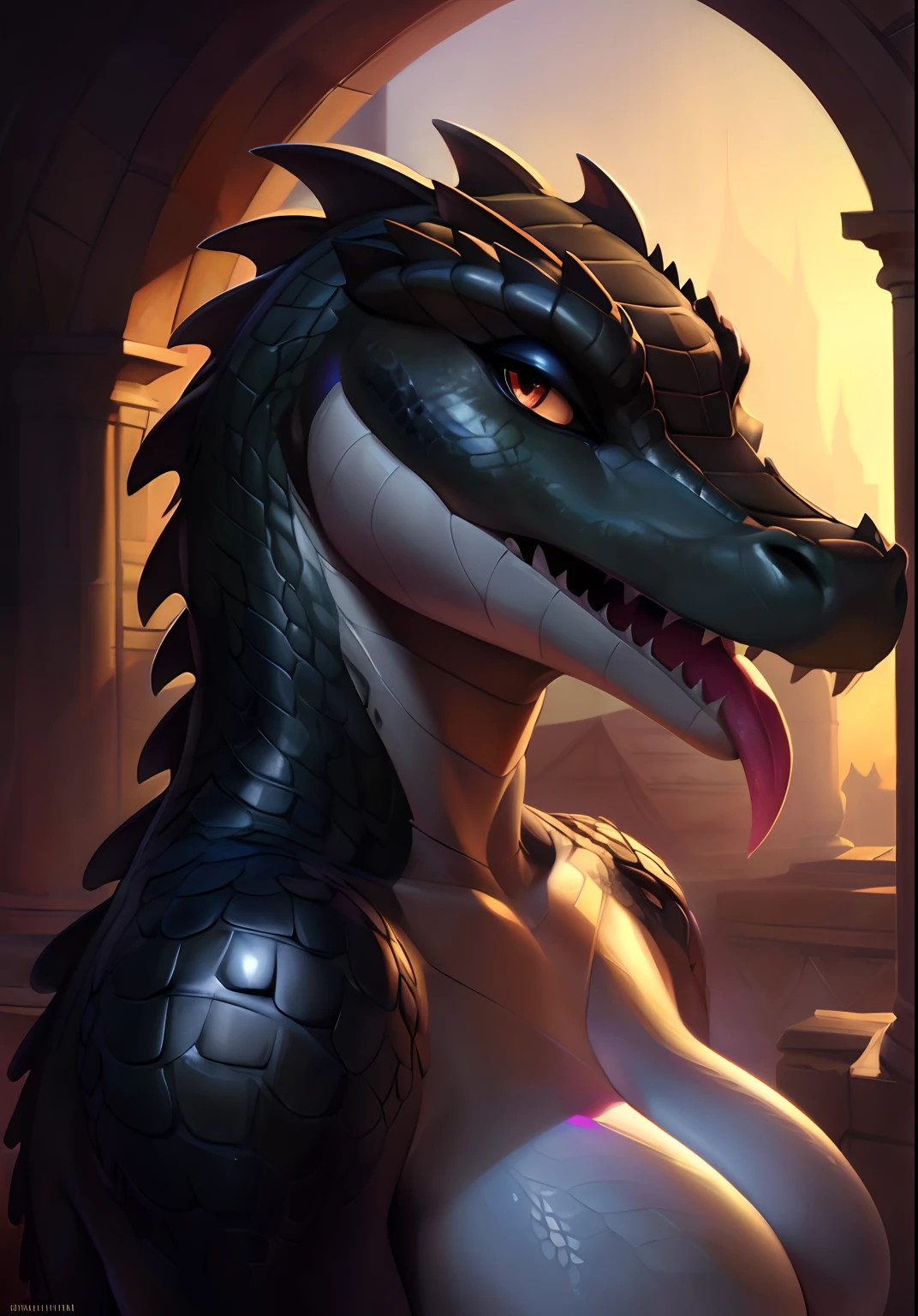 Uploaded on e621, by Pixelsketcher, by Bayard Wu, by Thomas Benjamin Kennington , by Einshelm, solo anthro, ((face portrait)), BREAK, ((mouth closed, tongue out)), Crocodile hissing, sweet look, (detailed Bonifasko lighting), (detailed scales), (detailed skin), (black Crocodile, black Crocodile, black Crocodile), (slit pupils), (her own hands holding her own face), BREAK, ((Crocodile hissing)), ((SFW)), ((long thick colorful tail)), ((facing viewer)), (cinematic lighting), ((detailed background)), ((face portrait view)), (((face view))), (half body shadow), [backlighting], [crepuscular ray], [detailed ambient light], [gray natural lighting], [ambient light], (higher wildlife feral detail), [explict content], [sharp focus], (questionable content), (shaded), ((masterpiece), hissing, her own hands holding her own face, medium scales breasts, breasts, furry colorful Crocodile, Crocodile face, furry Fantasy Art, furry Art, Commission for High Res, anthro Art, Art,Sakimichan beautiful, masterpiece, medium breasts, best quality, detailed image, bright colors, detailed face, perfect lighting, perfect shadows, perfect eyes, girl focus, Crocodile eyes, flawless face, big breasts, slit pupils, face focus, ((long thick colorful tail)) Crocodile, Crocodile girl, scales, scales woman, Crocodile nose, large long muzzle, colorful scales, gaze at the viewer, half-closed eyes, 1girl, solo, (masterpiece), (best quality), (illustration), (cinematic lighting), detailed scales, balanced coloring, global illumination, ray tracing, good lighting, scales, anthro, showing scales breasts, cleavage, looking at viewer, seductive look, SFW