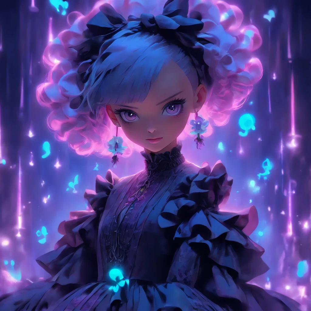 androgynous male Gothic lolita with purple shaved head, casting glowing soul spells while wearing lolita dress, porcelain doll