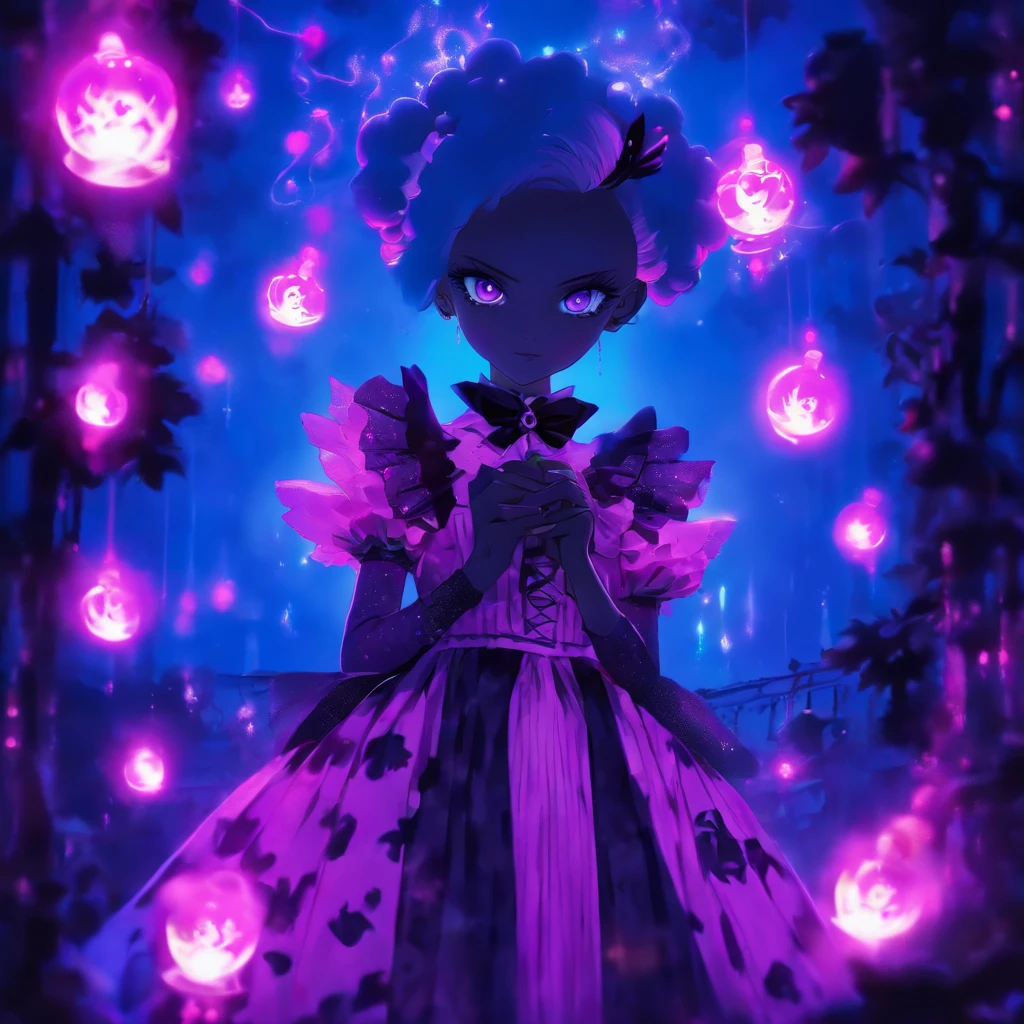 androgynous male Gothic lolita with purple shaved head, casting glowing soul spells while wearing lolita dress, porcelain doll