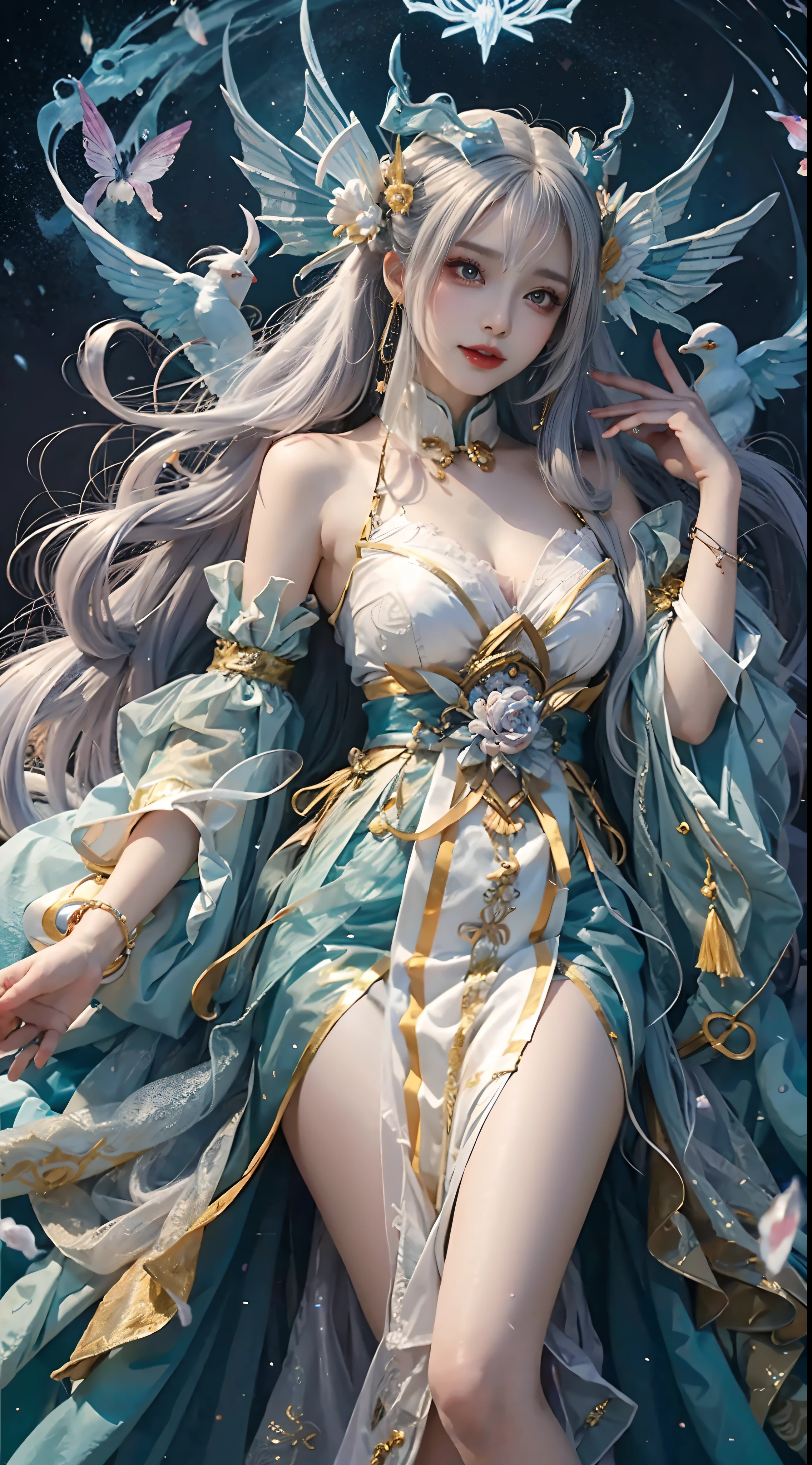 Close-up of a woman in costume on stage, Whole body xylose, Beautiful celestial mage, a stunning young ethereal figure, beautiful fantasy empress, astral witch clothes, shaxi, flowing magical robe, Hanfu Blanco, xianxia fantasy, belle delphine, Ethereal fantasy, elegant glamourous cosplay, heise jinyao,((Top-down view)),((Lie flat)),Lie flat on the ground
