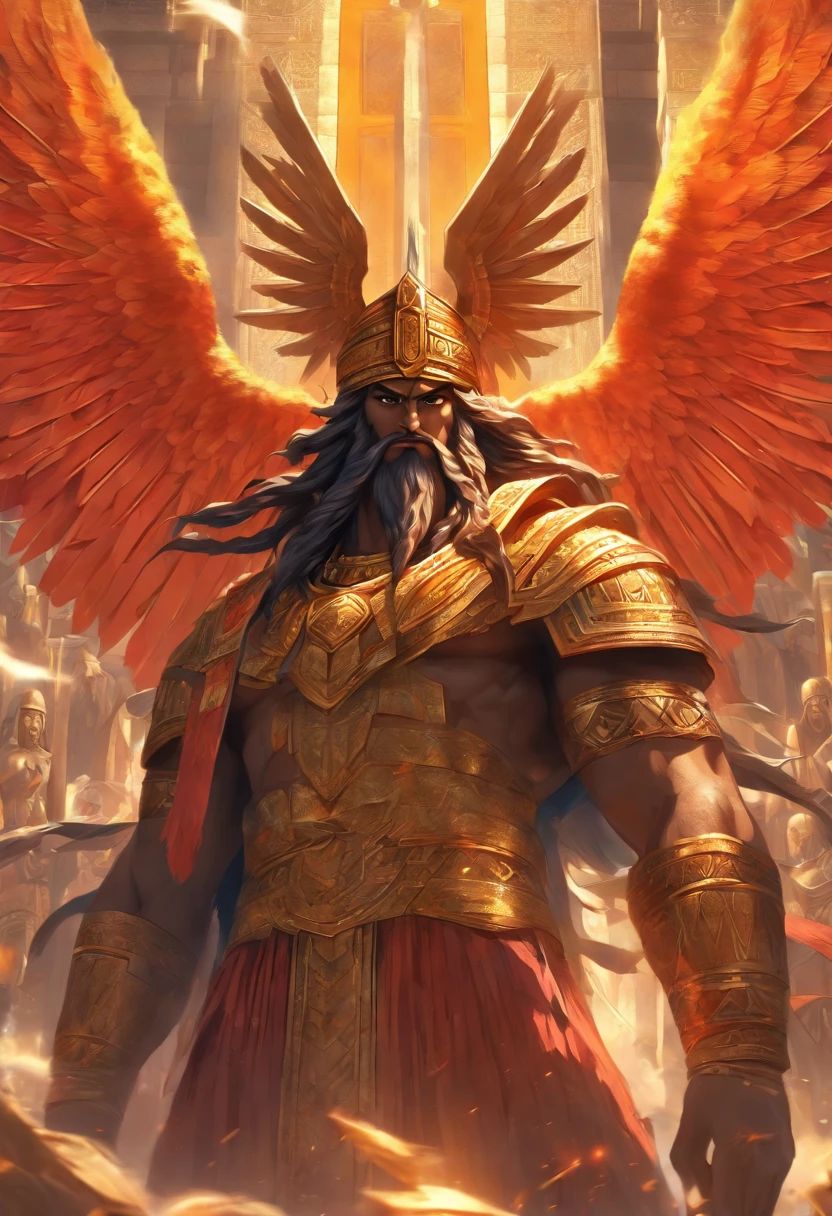 (((Akkadian four-winged god))) best quality, ultra-high resolution, 4K detailed CG, master piece,Enki,man,black beard, black hair,horns,four wings, Sumerian clothing, ((( on the back four wings))), cuneiform, Akkadian Mythology, Babylonians, Assyrians, Painting style, aesthetics, Beautiful image, depth of field, centered image