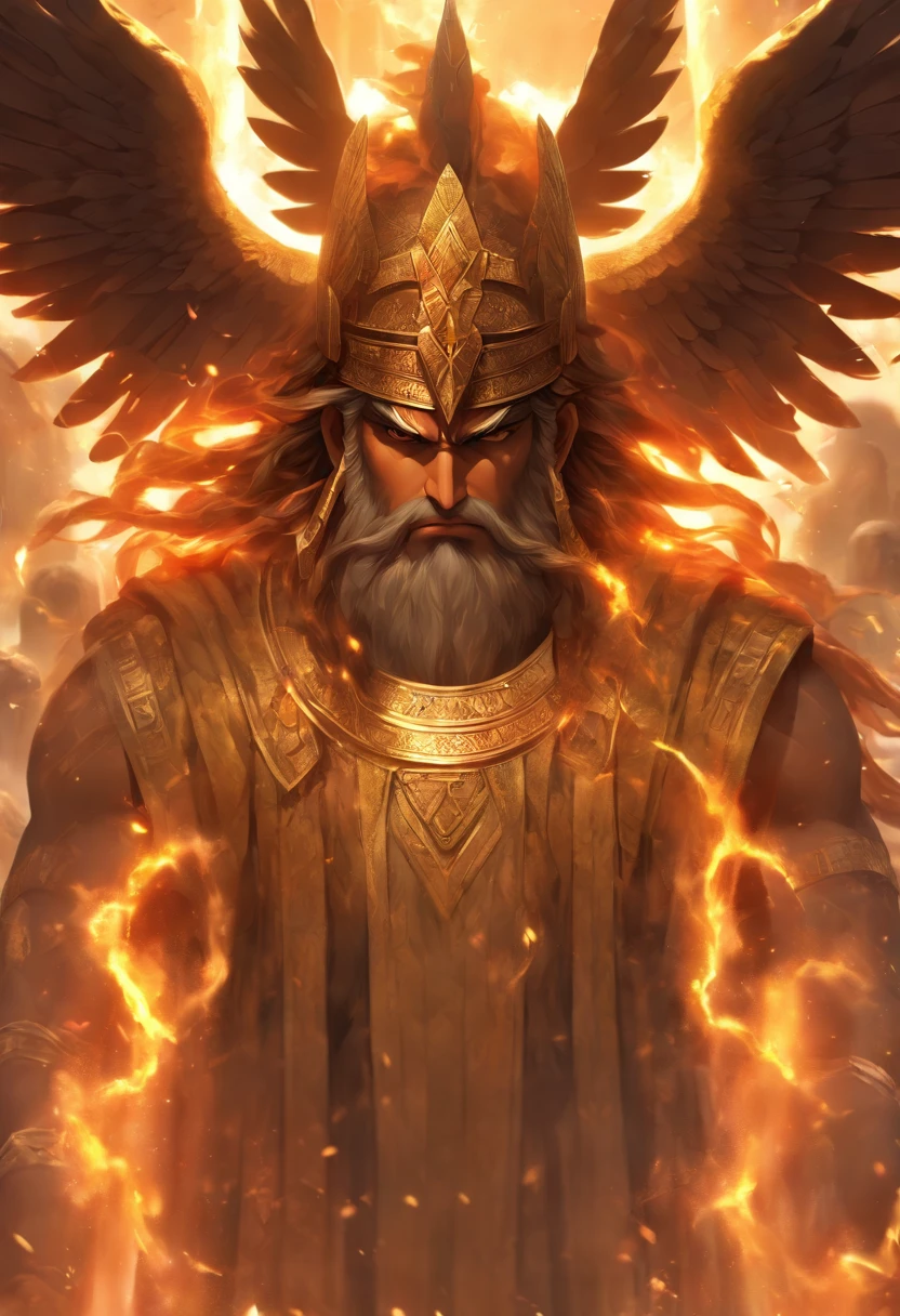 (((Akkadian four-winged god))) best quality, ultra-high resolution, 4K detailed CG, master piece,Enki,man,black beard, black hair,horns,four wings, Sumerian clothing, ((( on the back four wings))), cuneiform, Akkadian Mythology, Babylonians, Assyrians, Painting style, aesthetics, Beautiful image, depth of field, centered image