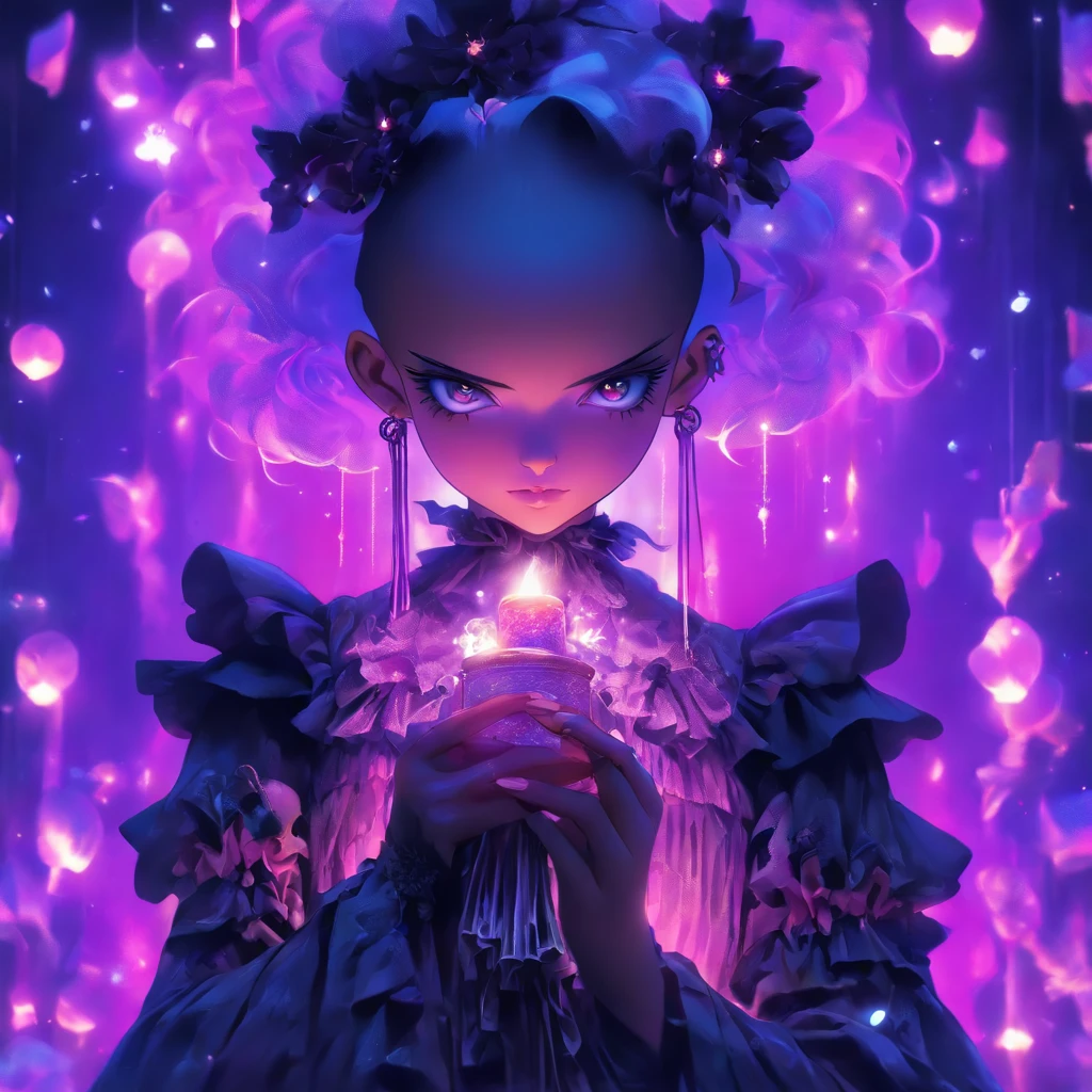 androgynous male Gothic lolita with purple shaved head, casting glowing soul spells while wearing lolita dress, porcelain doll