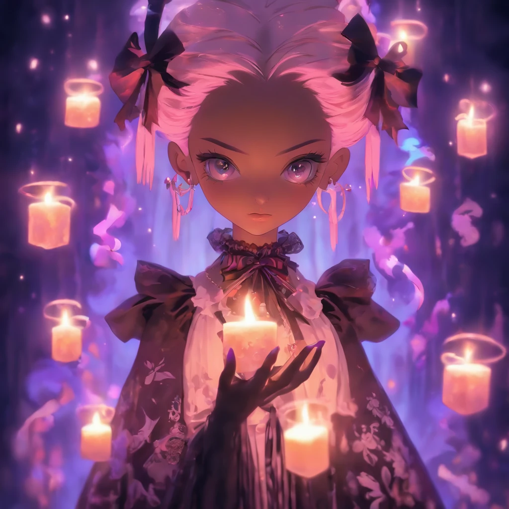 androgynous male Gothic lolita with purple shaved head, casting glowing soul spells while wearing lolita dress, porcelain doll