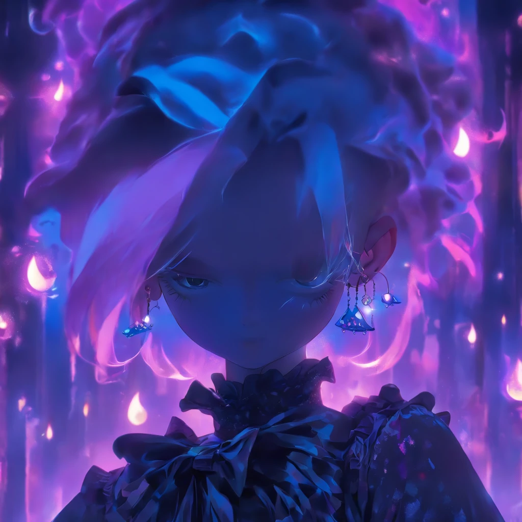 androgynous male Gothic ta with purple shaved head, casting glowing soul spells while wearing loliress, porcelain doll