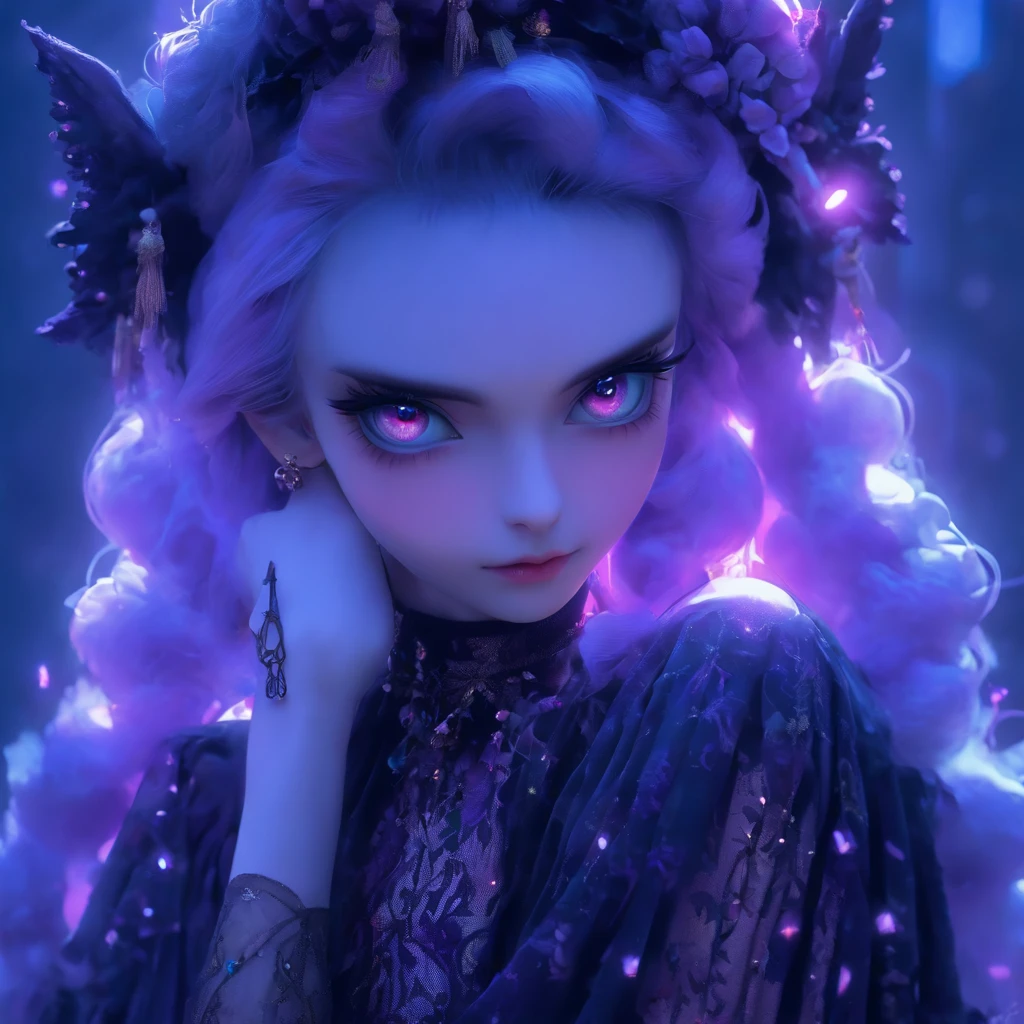 (best quality,4k,8k,highres,masterpiece:1.2),ultra-detailed,(realistic,photorealistic,photo-realistic:1.37),androgynous male Gothic lolita with purple shaved head,beautiful detailed eyes,beautiful detailed lips,extremely detailed eyes and face, casting glowing soul spells, wearing elaborate lolita dress, porcelain doll, ethereal atmosphere,dark gothic background,exquisite lace details,elaborate headdress,purple and black color scheme ,soft lighting, fairy tale-inspired aesthetic