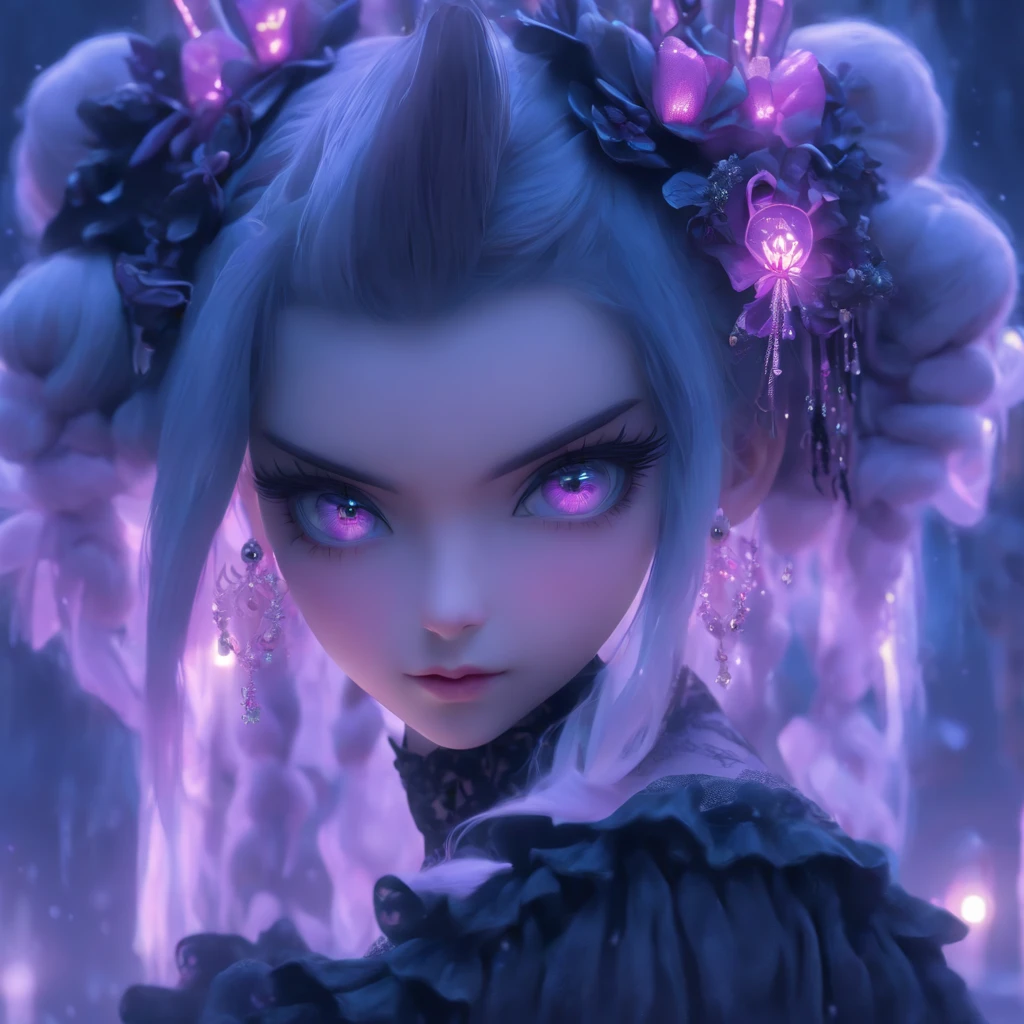 (best quality,4k,8k,highres,masterpiece:1.2),ultra-detailed,(realistic,photorealistic,photo-realistic:1.37),androgynous male Gothic ta with purple shaved head,beautiful detailed eyes,beautiful detailed lips,extremely detailed eyes and face, casting glowing soul spells, wearing elaborate loliress, porcelain doll, ethereal atmosphere,dark gothic background,exquisite lace details,elaborate headdress,purple and black color scheme ,soft lighting, fairy tale-inspired aesthetic
