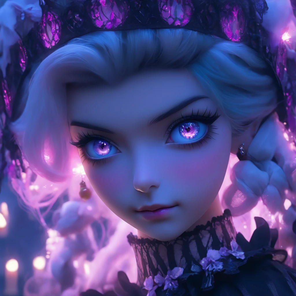 (best quality,4k,8k,highres,masterpiece:1.2),ultra-detailed,(realistic,photorealistic,photo-realistic:1.37),androgynous male Gothic ta with purple shaved head,beautiful detailed eyes,beautiful detailed lips,extremely detailed eyes and face, casting glowing soul spells, wearing elaborate loliress, porcelain doll, ethereal atmosphere,dark gothic background,exquisite lace details,elaborate headdress,purple and black color scheme ,soft lighting, fairy tale-inspired aesthetic