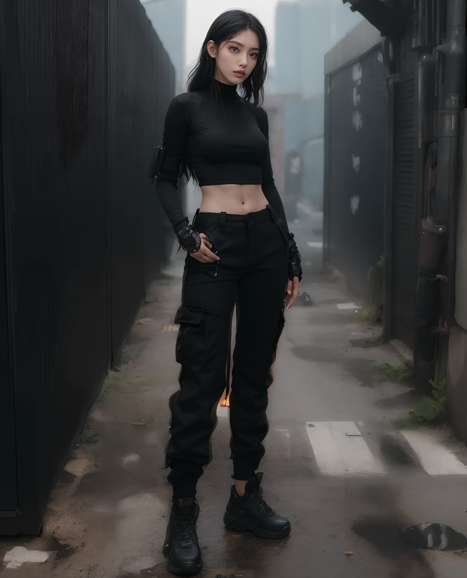 arafed woman in black pants and a black top standing in front of a wall, cargo pants. cyberpunk city, baggy black pants, all black cyberpunk clothes, wearing cargo pants, 2 4 year old female model, baggy pants, wearing japanese techwear, photograph of a techwear woman, postapocalyptic vibes, full body female