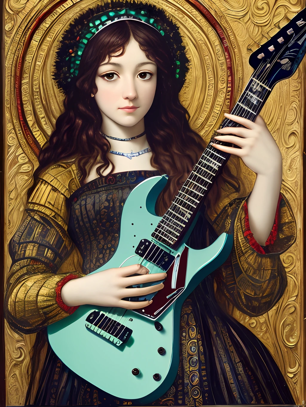 , in the style of Italian RENAISSANCE Painting of Vantablack melancholic Hungarian guitar goddess , Anne sulikowski , holding a futuristic mint green fender electric guitar industrialcore, big chesty nymph, elegant , detailed smoky asian mascara eyes, long brunette hair,, art by Caravaggio and Gustav Klimt, detailed by alberct durer , neonpunk --auto --s2
