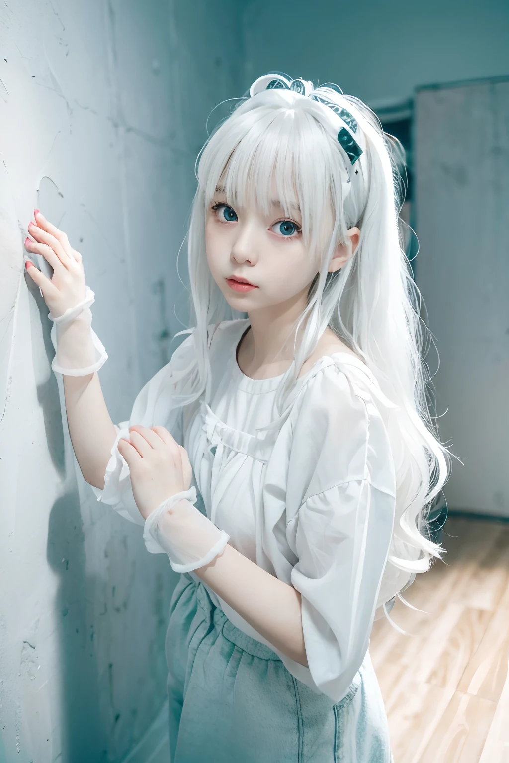 girl, Wearing white soft white fluff, Her eyes are big and curious, She was excited and happy to see me, Beautiful eyes, White hair, Pink eyes, good art, Good drawings, 2D Anime, 2D, Cute, 2 hands and 5 fingers on each hand, Beautiful hands, Good hands are drawn, 4K, 8K,